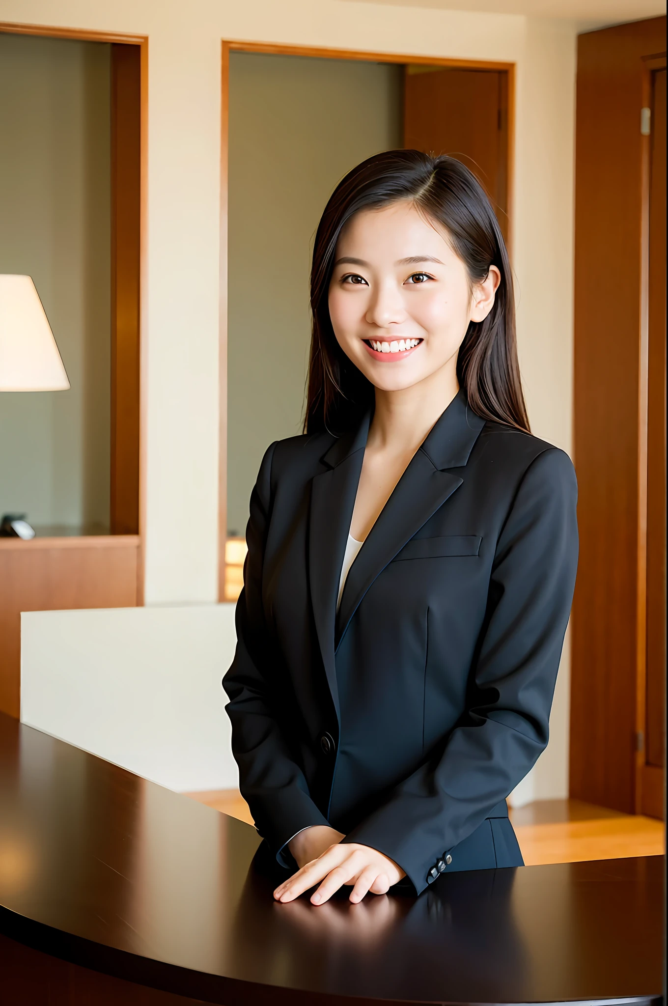 Natural light, girl smiling at the front desk of the hotel in a black suit (best quality, masterpiece: 1.2)