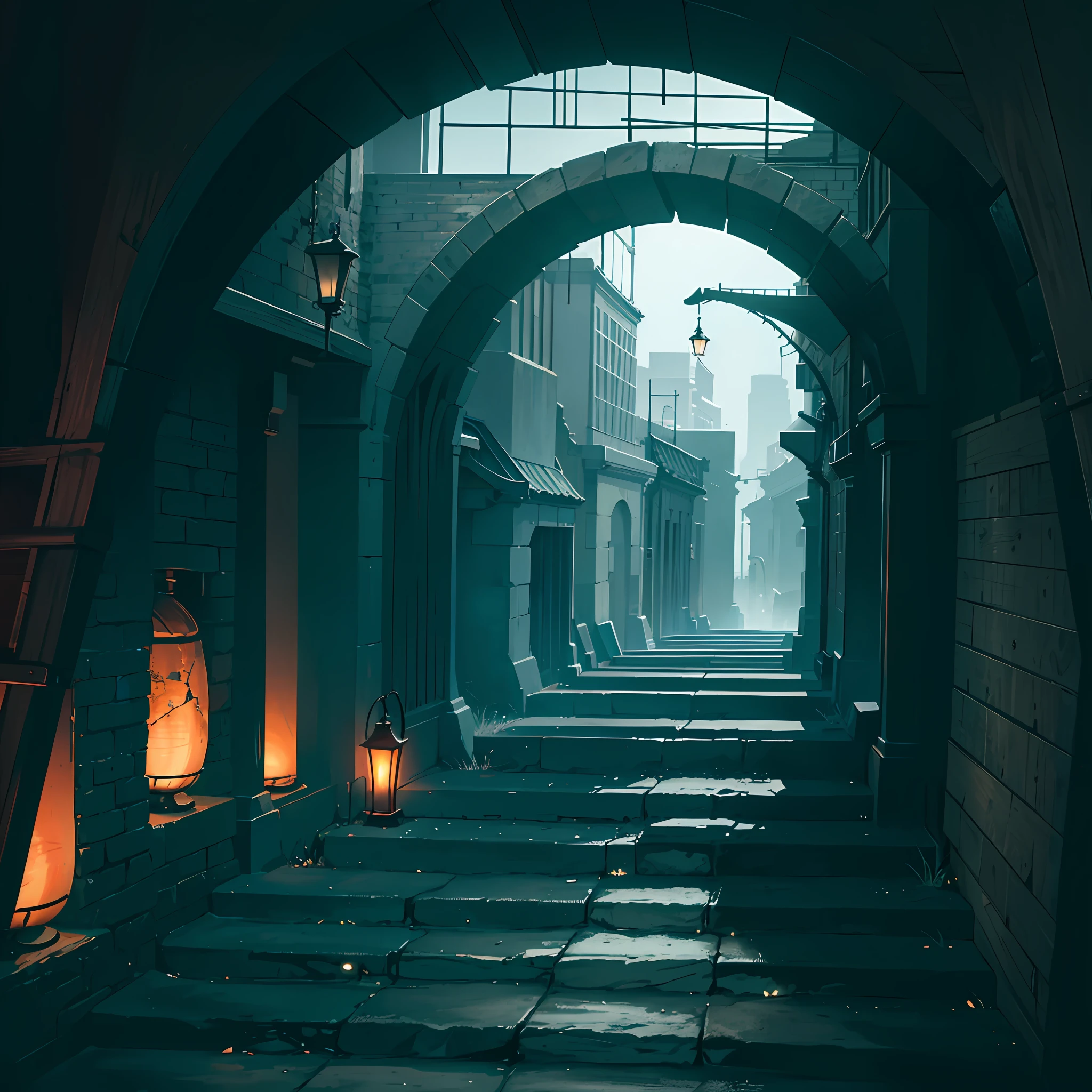 Night, twilight, arch, descent under the pavement, wooden barrel, realistic fantasy, gloomy horrors, wooden bridge, --auto --s2