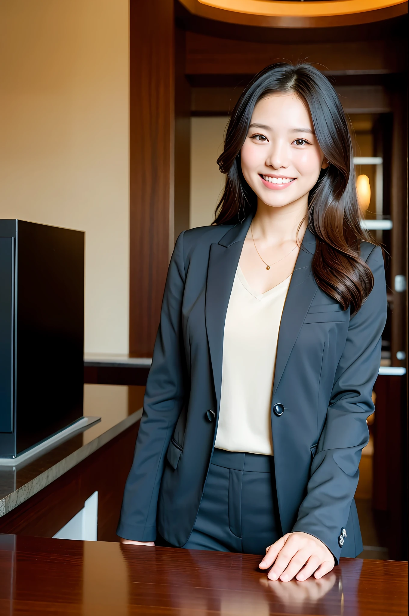 Natural light, girl smiling at the front desk of the hotel in a black suit (best quality, masterpiece: 1.2)