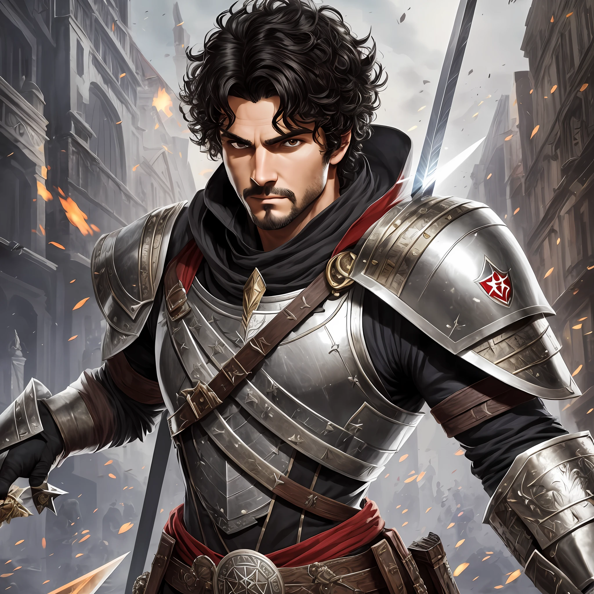 HAS A GENTLEMAN Templar, man, short curly black hair, brunette, warrior, with sharp sword in right hand, shield in left hand, war scene, legendary center, detailed, ultra realistic, 8k.