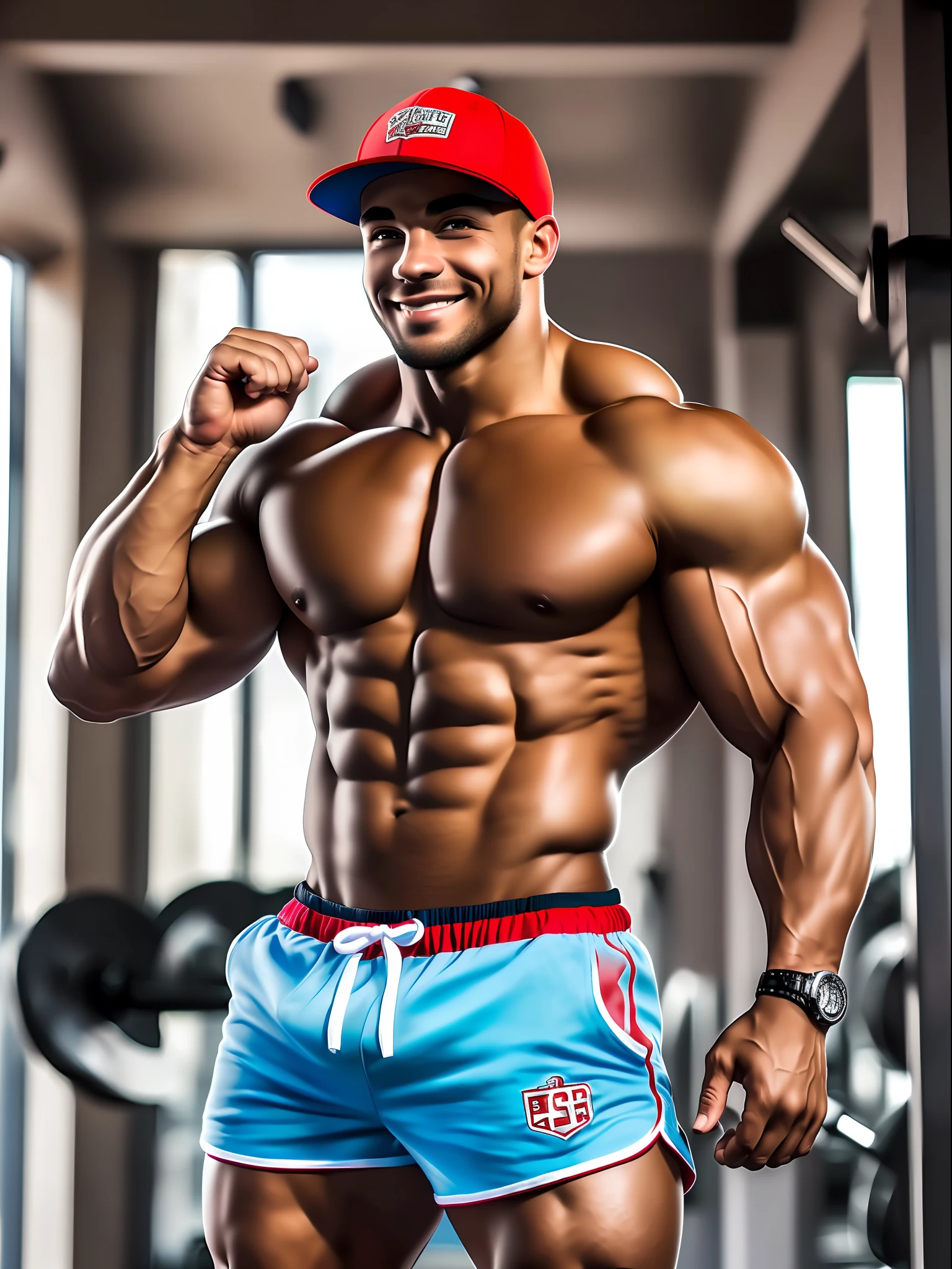instagram photo, gymrat (five o'oclock shadow, manscaped), super buff and cool, baseball cap, shorts, show off, physique, superior arrogance, forced smile
