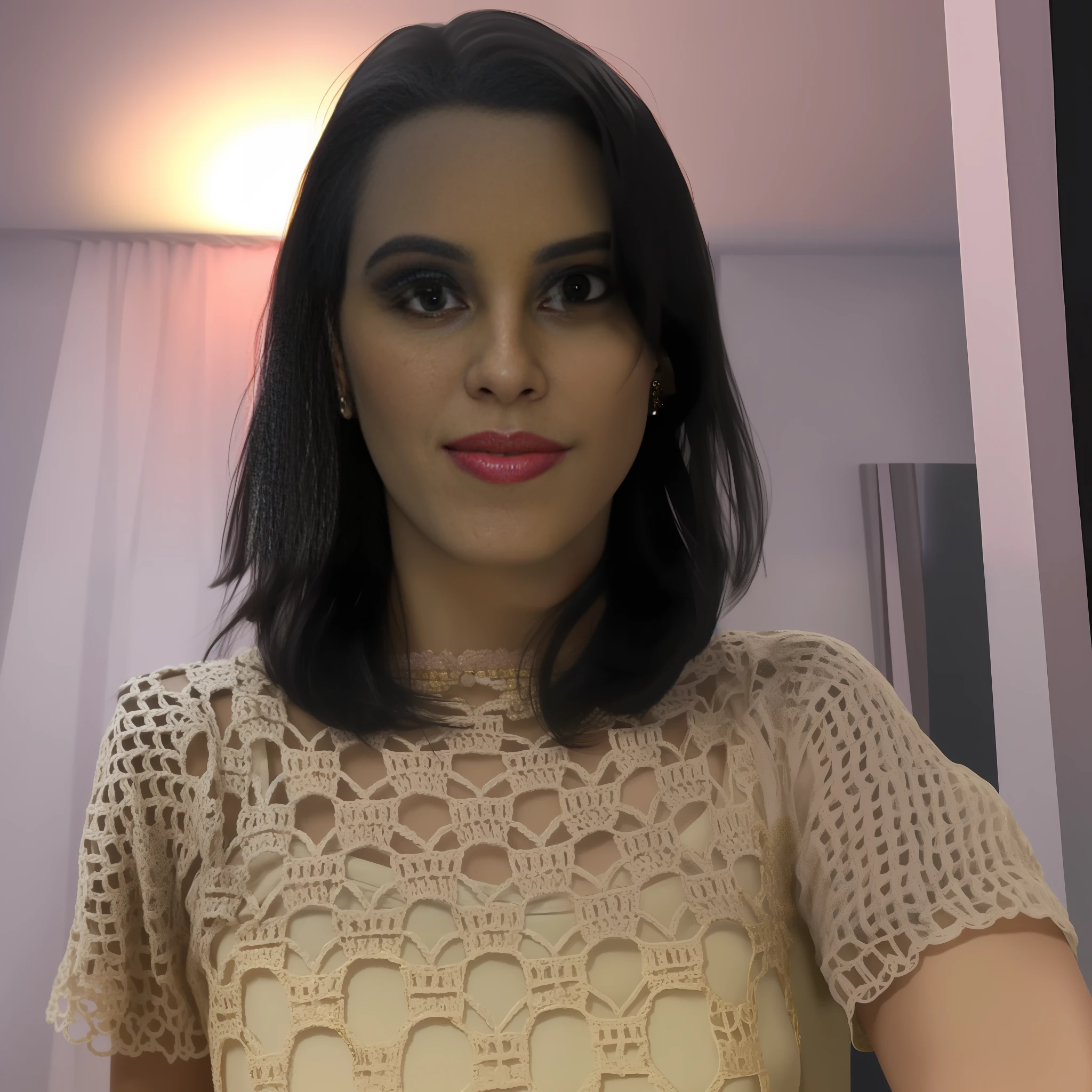 there is a woman with a very large chest posing for a photo, it looks like fabiula nascimento, alanis guillen, by Nándor Katona, malika favre, inspired by Maria Helena Vieira da Silva, fernanda suarez, woman of 30 years, woman of 3 0 years, by Amelia Peláez, profile picture, details in the eyes , well lived pink lips of lipstick , gold earrings, straight, short, black hair