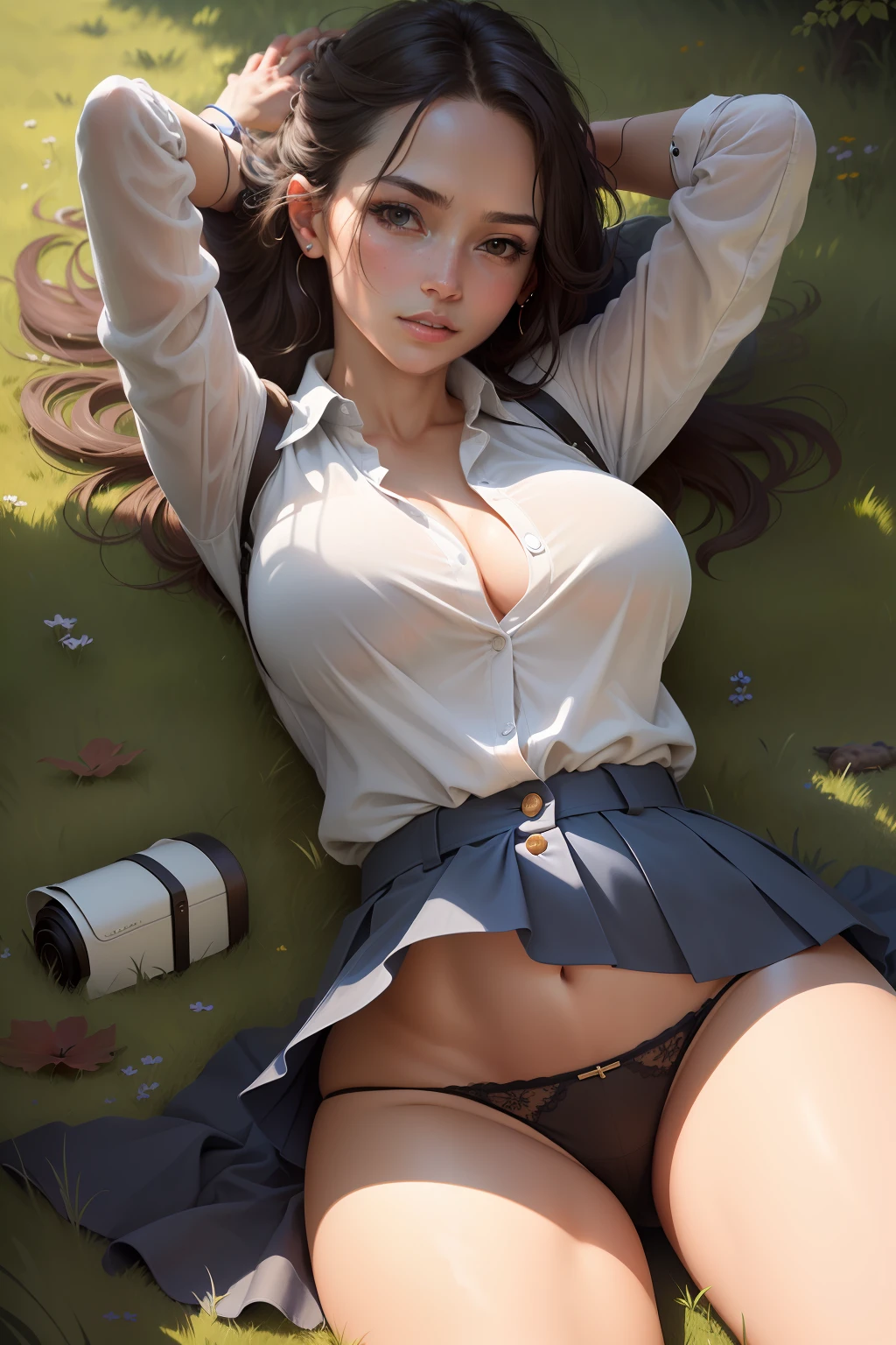 "Masterpiece, top quality, photorealism, highly detailed, skin details, skin texture, pores, 1woman, (lying on grass), large breasts, (shirt with open buttons), short skirt, short panties showing, beautiful and realistic, legs open for the camera, whole body."