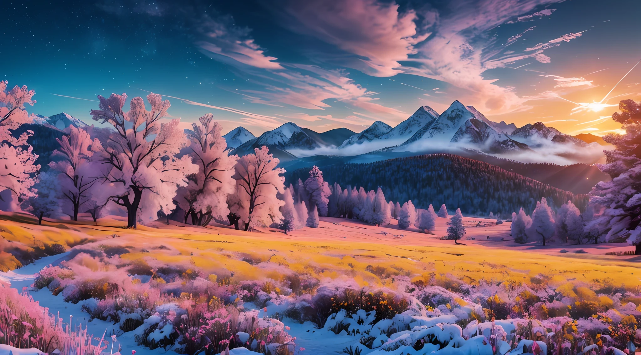 masterpiece, best quality, high quality, extremely detailed CG Unity 8k wallpapers, beautiful scenery, oil painting, award-winning photography, bokeh, depth of field, HDR, bloom, chromatic aberration, photorealistic, extremely detailed, artstation trends, trends on CGSociety, Intricate, highly detailed, dramatic, midway art And masterpiece, the best quality, high quality, extremely detailed CG unity 8k wallpapers. A lush summer landscape with rolling green hills that stretch to the horizon, dotted with wildflowers in shades of pink, yellow, and purple, voluminous lighting And a masterpiece, the best quality, high quality, extremely detailed CG unity 8k wallpapers A serene autumn landscape surrounded by trees in shades of golden yellow, fiery red and scorched orange. The fresh air carries the sweet scent of fallen leaves and wood smoke. The ground is covered in a blanket of warm leaves that rustle under your feet. A misty mountain range rises in the distance, surround lighting And a masterpiece, the best quality, high quality, extremely detailed CG unity 8k wallpapers A breathtaking winter landscape covered by a snowy cloak, creating a world of sparkling white and cool blue tones. Tall evergreens stand tall and proudly, their branches are burdened with heavy snow, voluminous lighting And a masterpiece, the best quality, high quality, extremely detailed CG unity 8k wallpapers A vivid spring landscape bursting with new life and color. The hills are covered with a green carpet dotted with delicate wildflowers in shades of pink, purple and yellow, and voluminous lighting --auto --s2