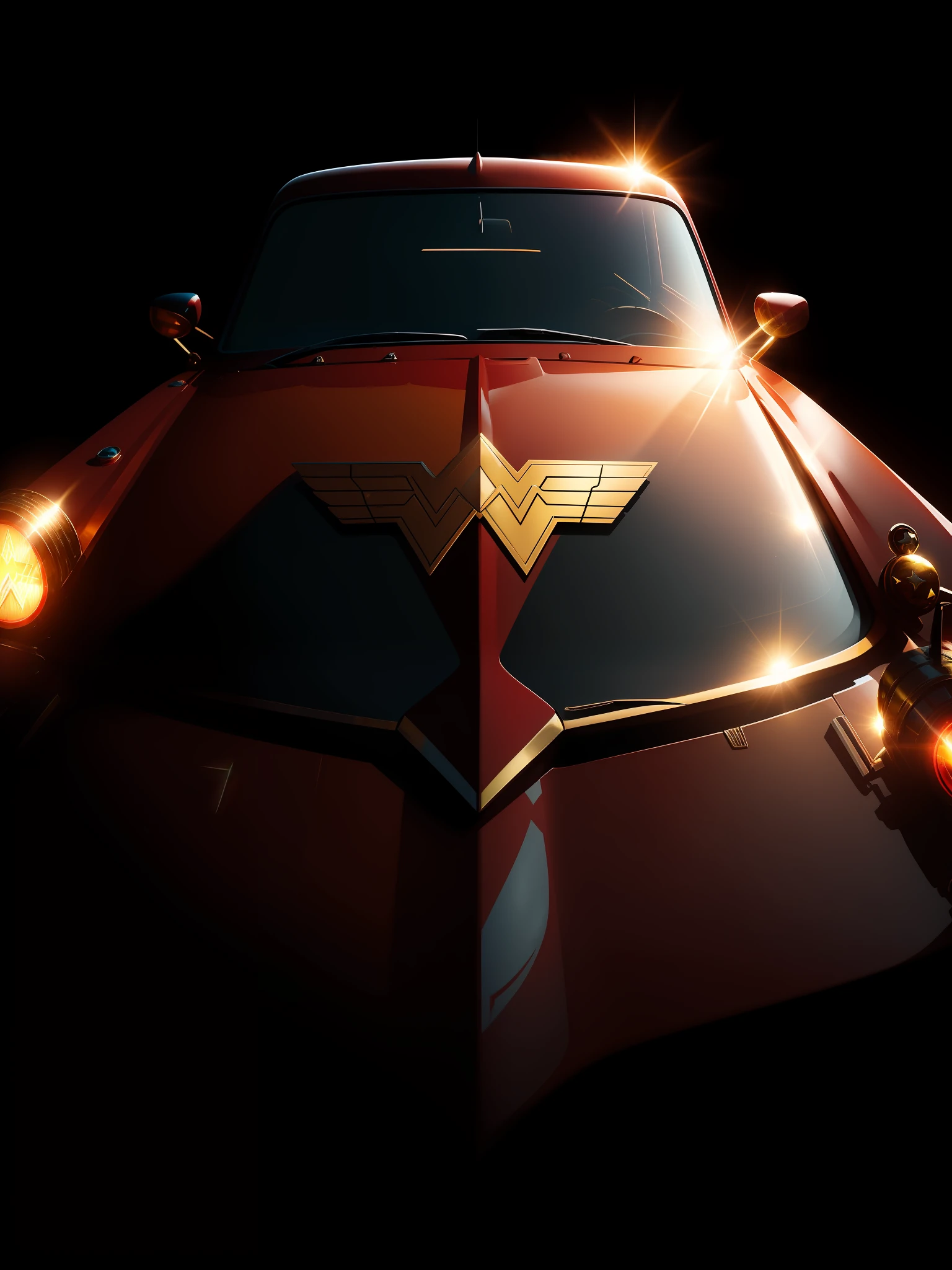 Scene from the film, Wonder Woman-style car: red with gold stripes, a star emblem on the hood, a lasso seeking truth on the sides