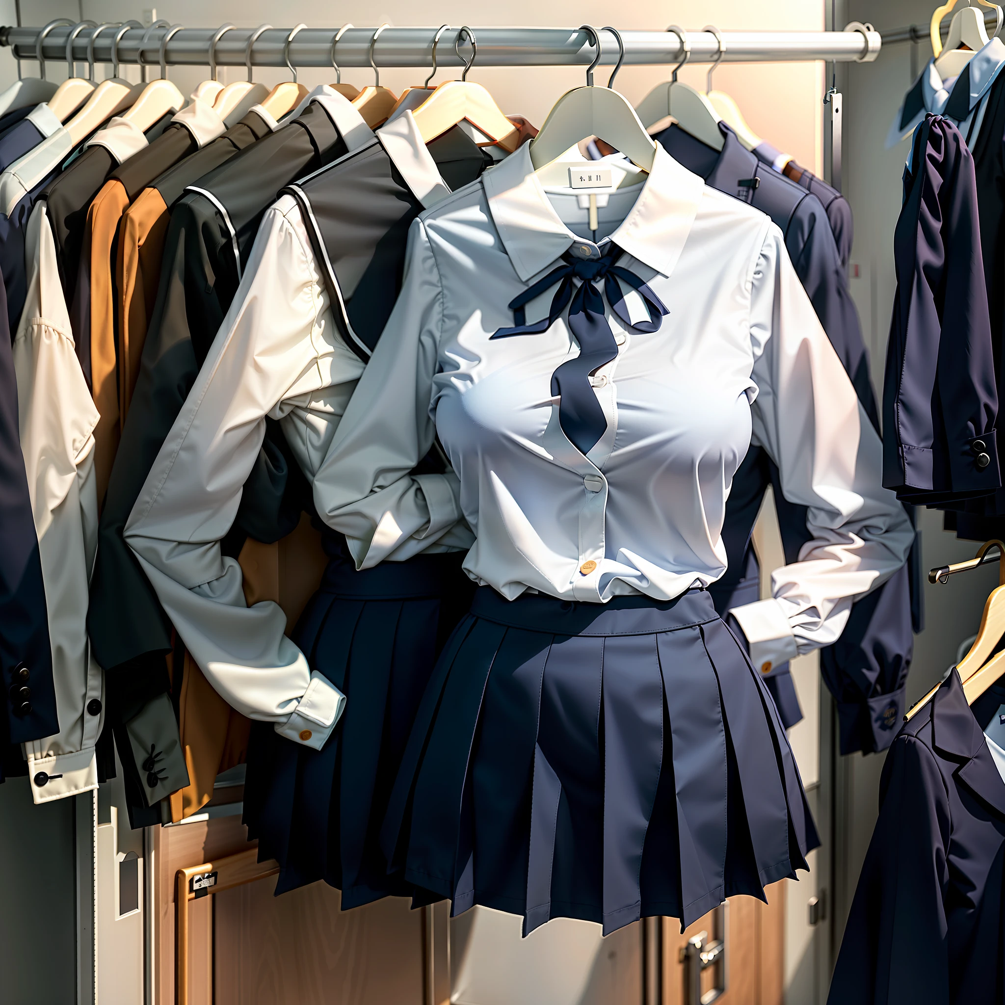 hanger school uniforms in closet raise their sleeves as if invisible girl wear it, school uniforms swells as if possessed by invisible girls, school uniforms have huge breasts, (((no humans))), (headless), faceless, invisible girls, from above, (hanger), jk ribbon on the neck, (in closet), armpits, hand on hip, masterpiece, missing limb, absurdres,
