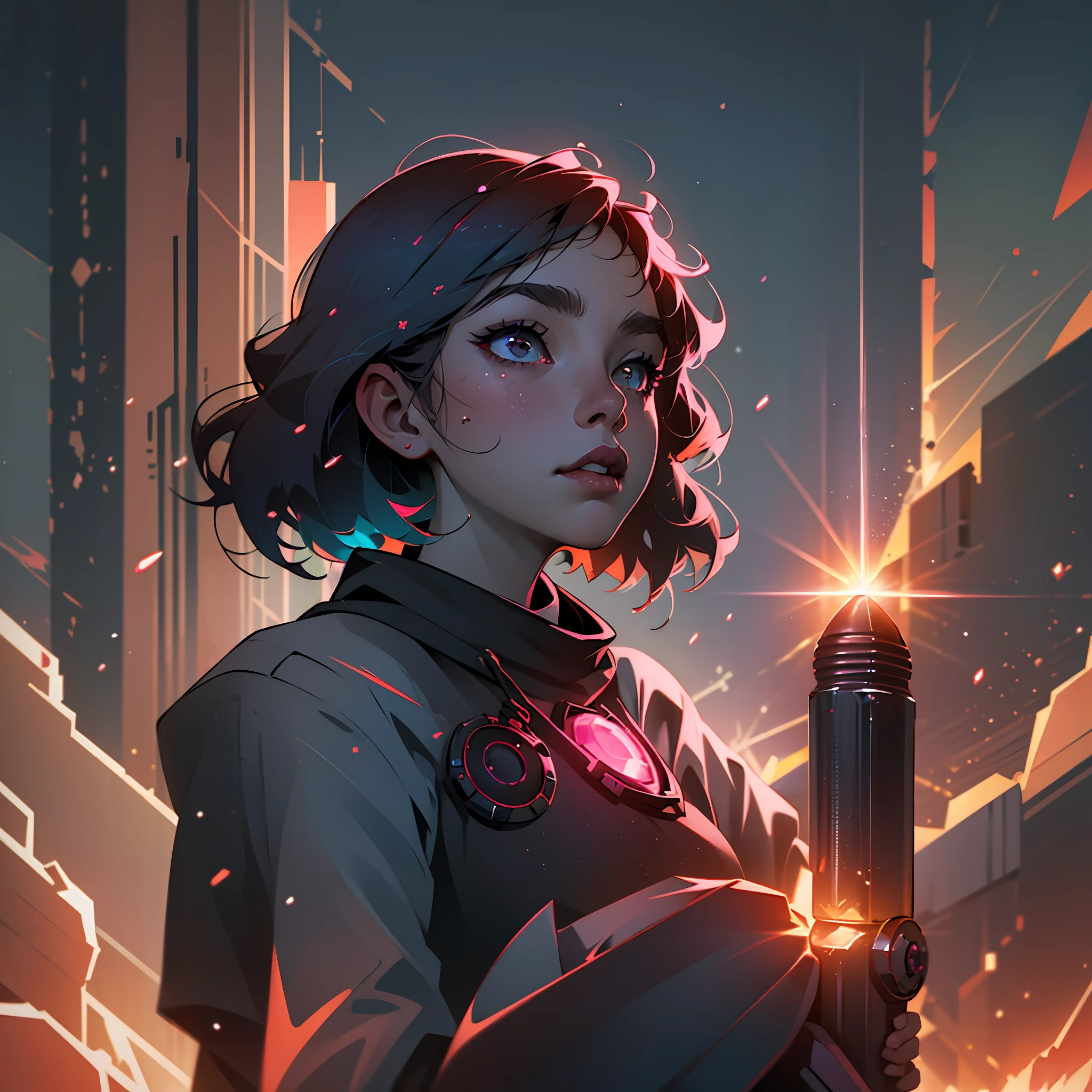 1girl, Ruby, inside (( The explosion detonates with a brilliant burst of light illuminating the darkened sky )), Dystopian metropolis, detailed pupils, high quality, absurdres,