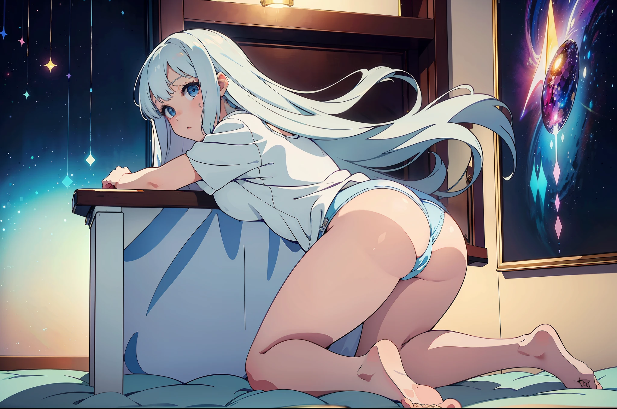 (Masterpiece, best quality: 1.3), hyper-detail, ((very tasty and beautiful)), 8k wallpapers, cinematic lighting, overexposure, (1 girl, solo exhibition), long white hair, white pajamas, loli, full body, in the room