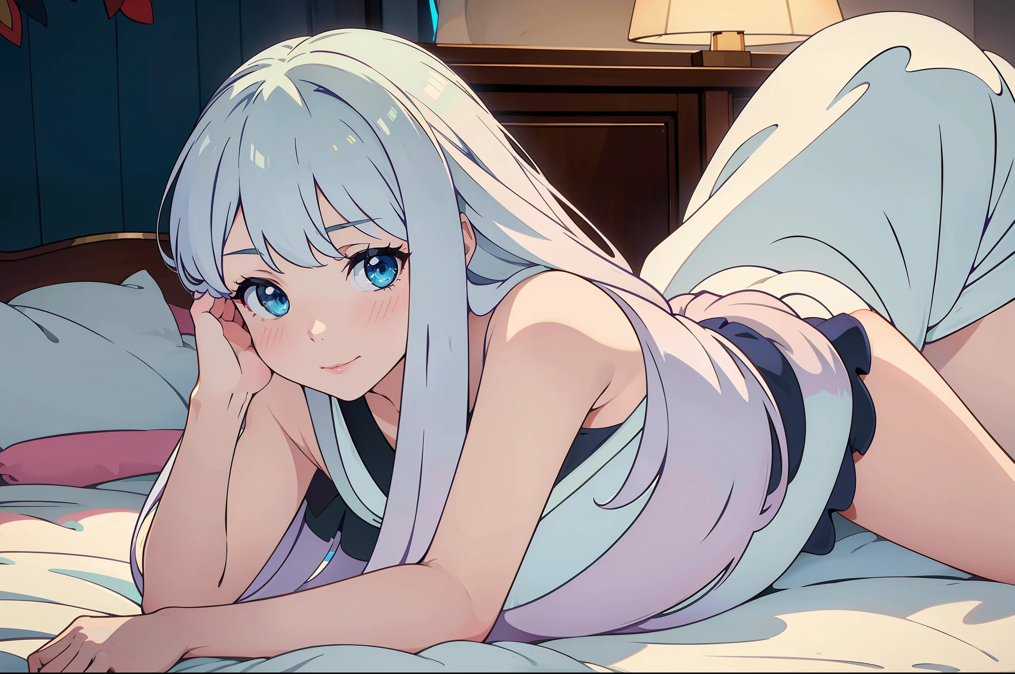 (Masterpiece, best quality: 1.3), hyper-detail, ((very tasty and beautiful)), 8k wallpapers, cinematic lighting, overexposure, (1 girl, solo exhibition), long white hair, white pajamas, , full body, in the room