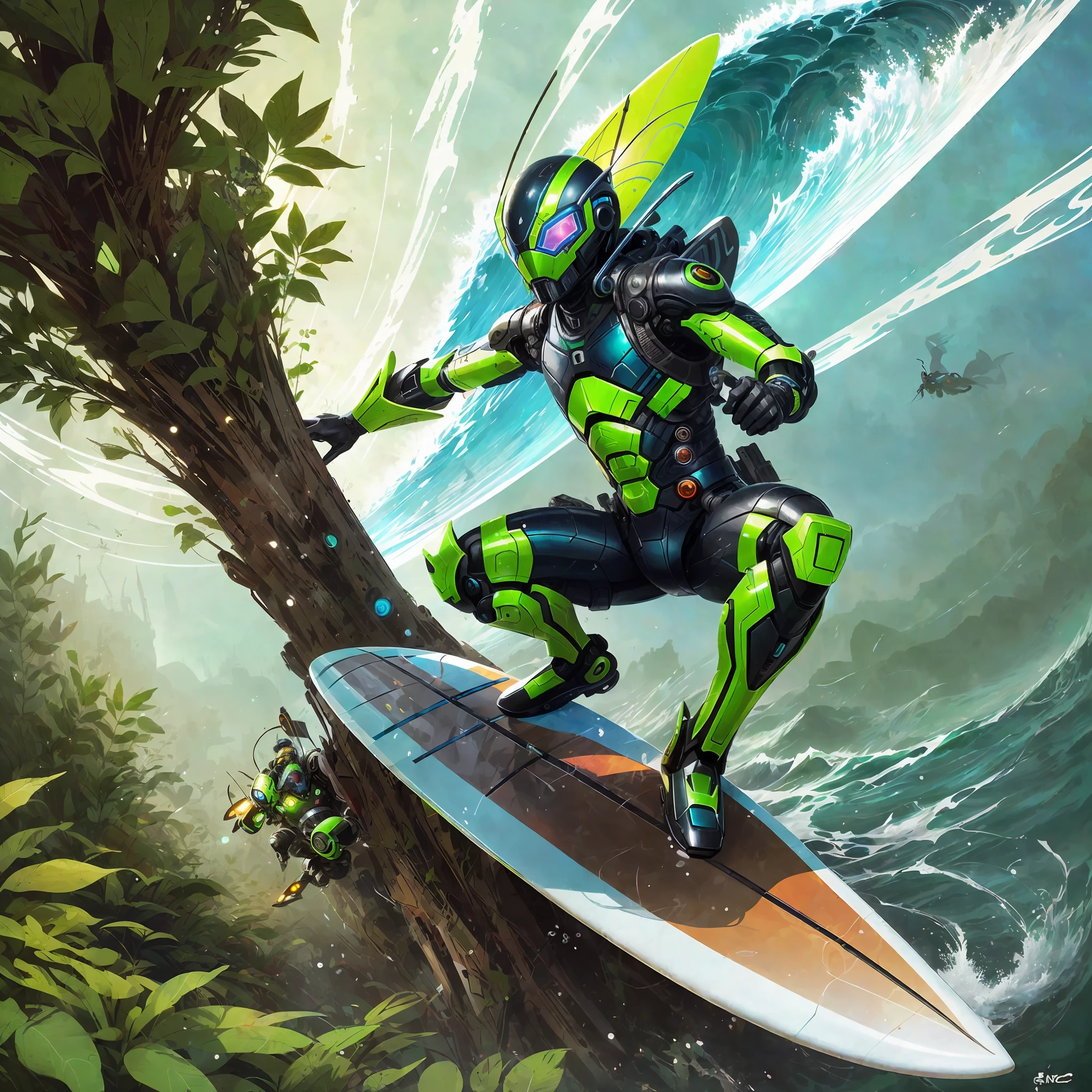 there is a man riding a surfboard on a wave in the ocean, cyborg wasp, android jones and rhads, airbrush concept art, a retropunk naturewave defender, ninja, biopunk cyborg wasp, insectoid, genji, inspired by Marek Okon, cyberpunk bee, octane. trending on artstation, epic full color illustration, cg artist