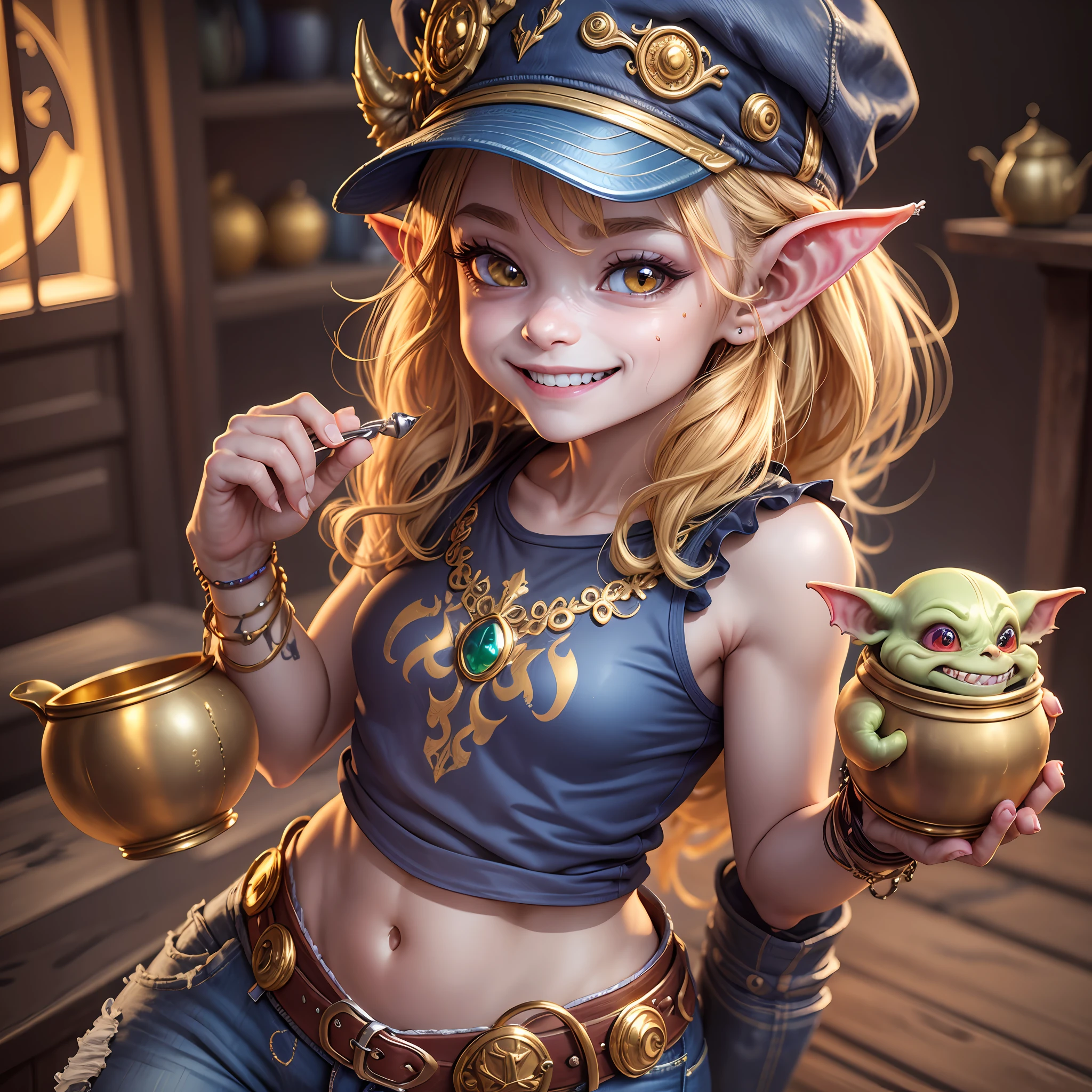 Goblin, small, highly detailed, UHD, HIRES, studio lighting, gold pot, rainbow, ghastly smile, super detailed face, full body, jeans, sport blouse, cap. --auto --s2