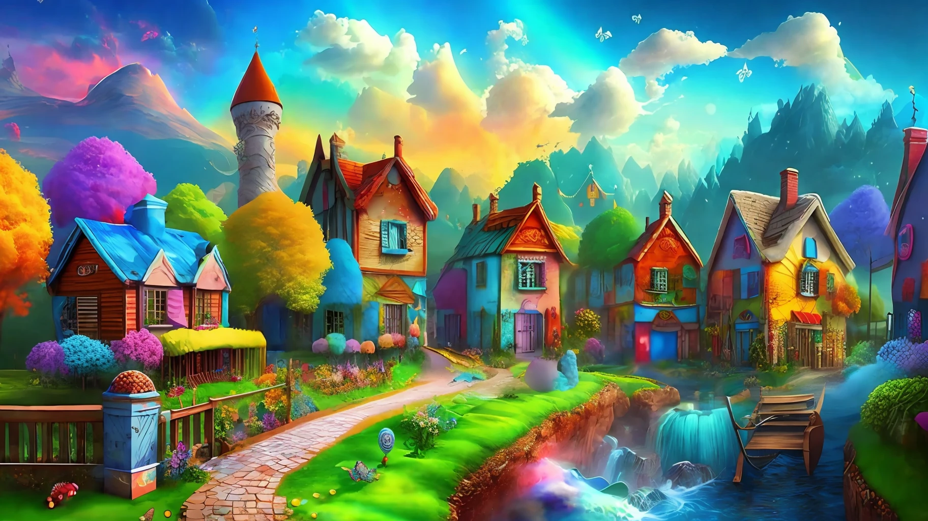 Fantastic artistic rainbow fantasy town, best quality, masterpiece
