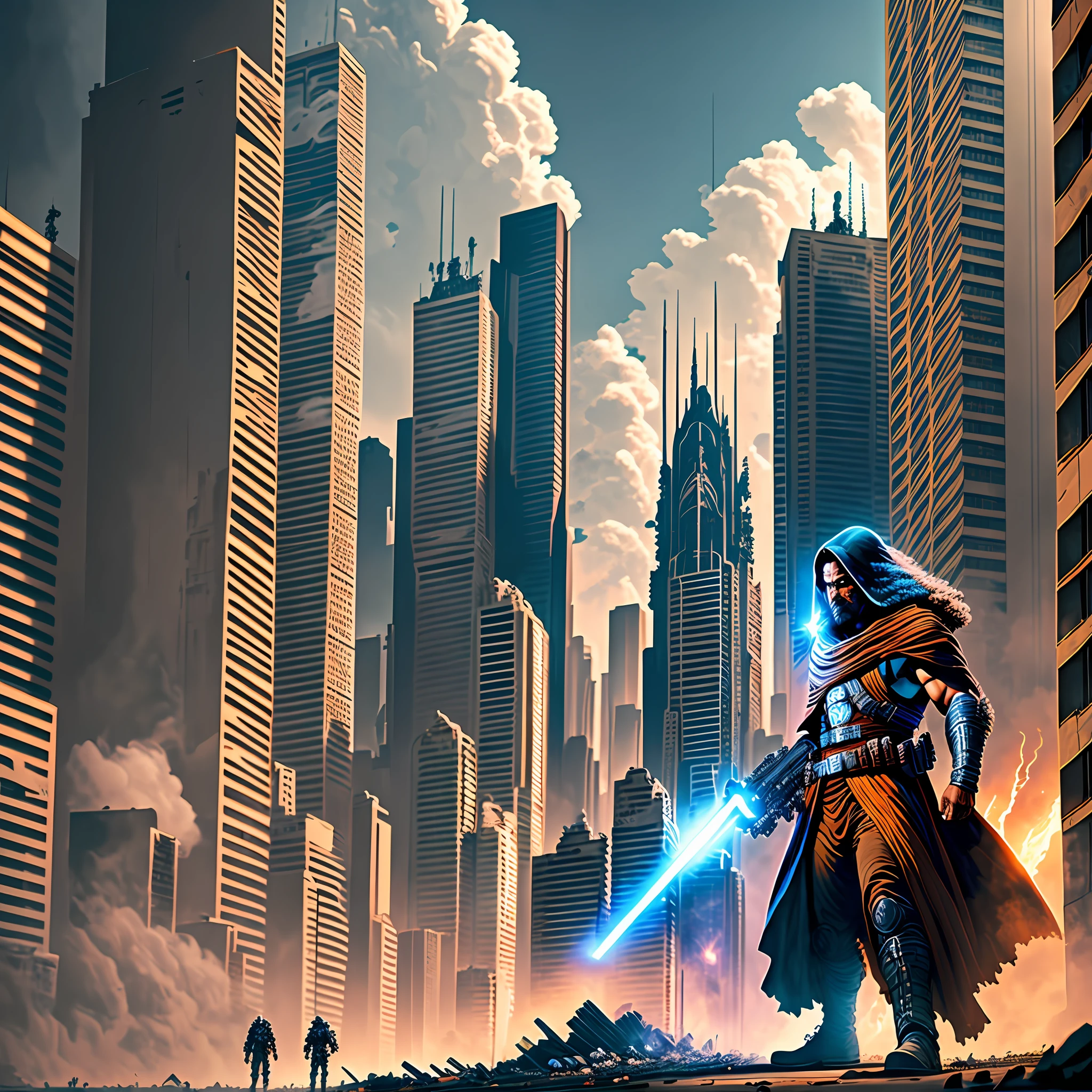 impressive cover of a movie poster that combines elements of Star Wars with the apocalyptic scenario of the city of Belo Horizonte. The background image depicts the crumbling skyscrapers of the city, with smoke and debris all around. In the center of the image, a young Jedi with a blue lightsaber stands heroically amidst the chaos, exuding confidence and determination. Beside him, a muscular and intimidating Wookiee warrior wields a powerful weapon. To the left, an ingenious human mechanic gazes at the horizon with hopeful eyes and an air of determination. On the right, a charismatic human smuggler with a sly expression holds a blaster in an attack position. The sky is lit by flashes of laser beams and Sith spaceships loom menacingly over the city. The title "Star Wars: Apocalypse in Belo Horizonte" appears in stylized letters at the top of the image, with a color tone that matches the dark and epic atmosphere of the film. Let your creativity flow and create a stunning cover image that captures the essence of this exciting story --auto --s2
