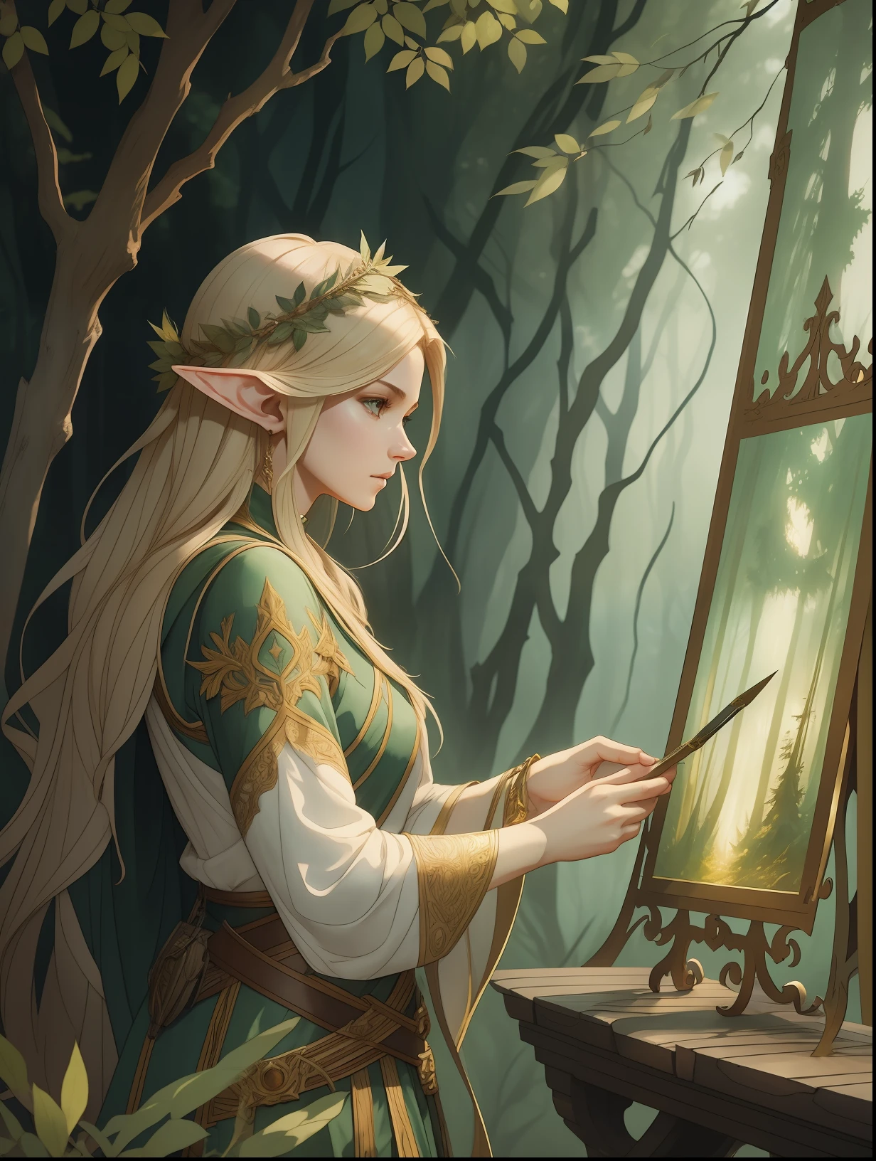 beautiful elf rpg character standing in the forest, light hair, line art watercolor wash, very lit forest background, abstract beauty, approaching perfection, pure form, golden ratio, minimalistic, unfinished, concept art, by Brian Froud and Carne Griffiths and Wadim Kashin and John William Waterhouse, intricate details, 8k post production, high resolution, hyperdetailed, trending on artstation, sharp focus, studio photo, intricate details, highly detailed, by greg rutkowski