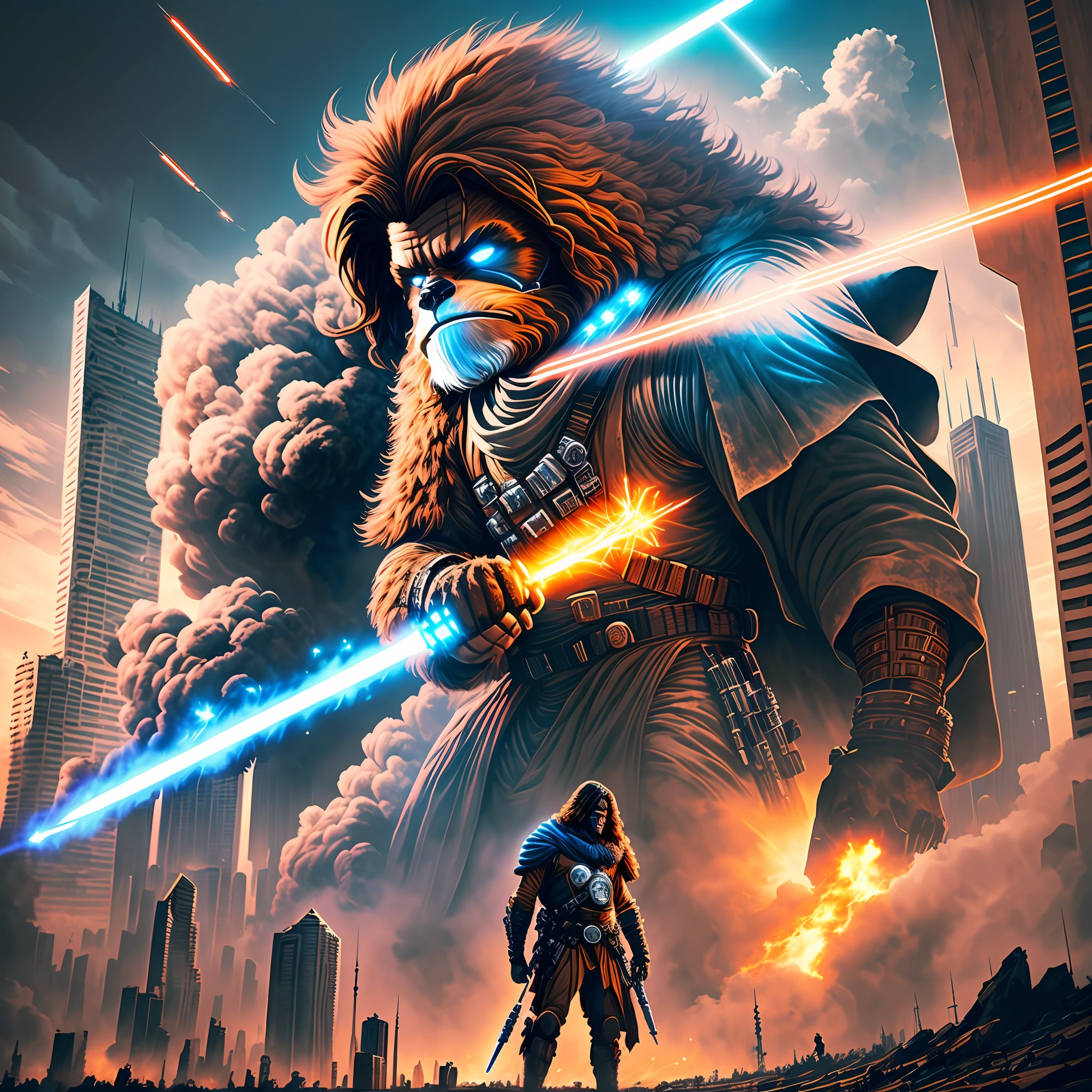 impressive cover of a movie poster that combines elements of Star Wars with the apocalyptic scenario of the city of Belo Horizonte. The background image depicts the crumbling skyscrapers of the city, with smoke and debris all around. In the center of the image, a young Jedi with a blue lightsaber stands heroically amidst the chaos, exuding confidence and determination. Beside him, a muscular and intimidating Wookiee warrior wields a powerful weapon. To the left, an ingenious human mechanic gazes at the horizon with hopeful eyes and an air of determination. On the right, a charismatic human smuggler with a sly expression holds a blaster in an attack position. The sky is lit by flashes of laser beams and Sith spaceships loom menacingly over the city. The title "Star Wars: Apocalypse in Belo Horizonte" appears in stylized letters at the top of the image, with a color tone that matches the dark and epic atmosphere of the film. Let your creativity flow and create a stunning cover image that captures the essence of this exciting story --auto --s2