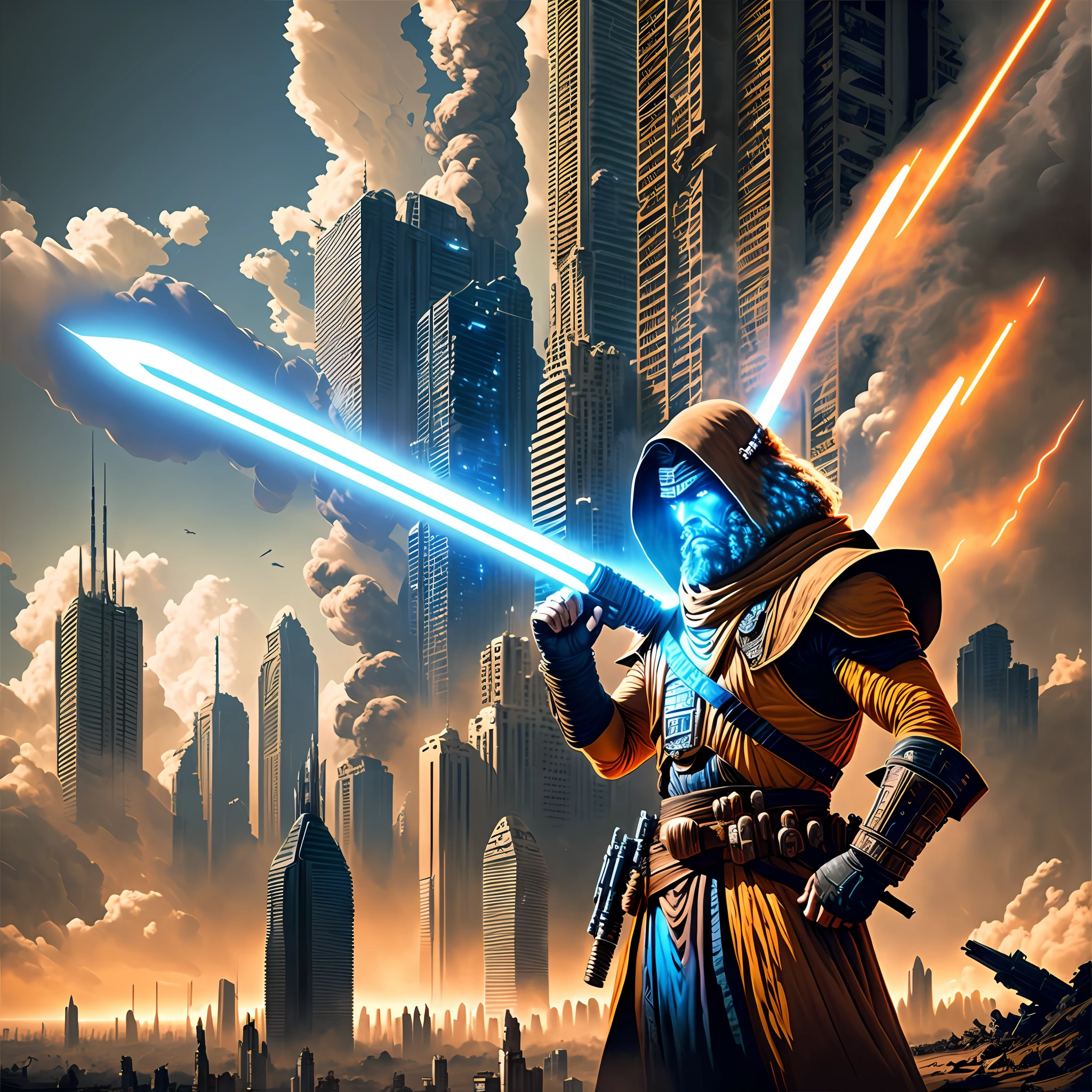 impressive cover of a movie poster that combines elements of Star Wars with the apocalyptic scenario of the city of Belo Horizonte. The background image depicts the crumbling skyscrapers of the city, with smoke and debris all around. In the center of the image, a young Jedi with a blue lightsaber stands heroically amidst the chaos, exuding confidence and determination. Beside him, a muscular and intimidating Wookiee warrior wields a powerful weapon. To the left, an ingenious human mechanic gazes at the horizon with hopeful eyes and an air of determination. On the right, a charismatic human smuggler with a sly expression holds a blaster in an attack position. The sky is lit by flashes of laser beams and Sith spaceships loom menacingly over the city. The title "Star Wars: Apocalypse in Belo Horizonte" appears in stylized letters at the top of the image, with a color tone that matches the dark and epic atmosphere of the film. Let your creativity flow and create a stunning cover image that captures the essence of this exciting story --auto --s2