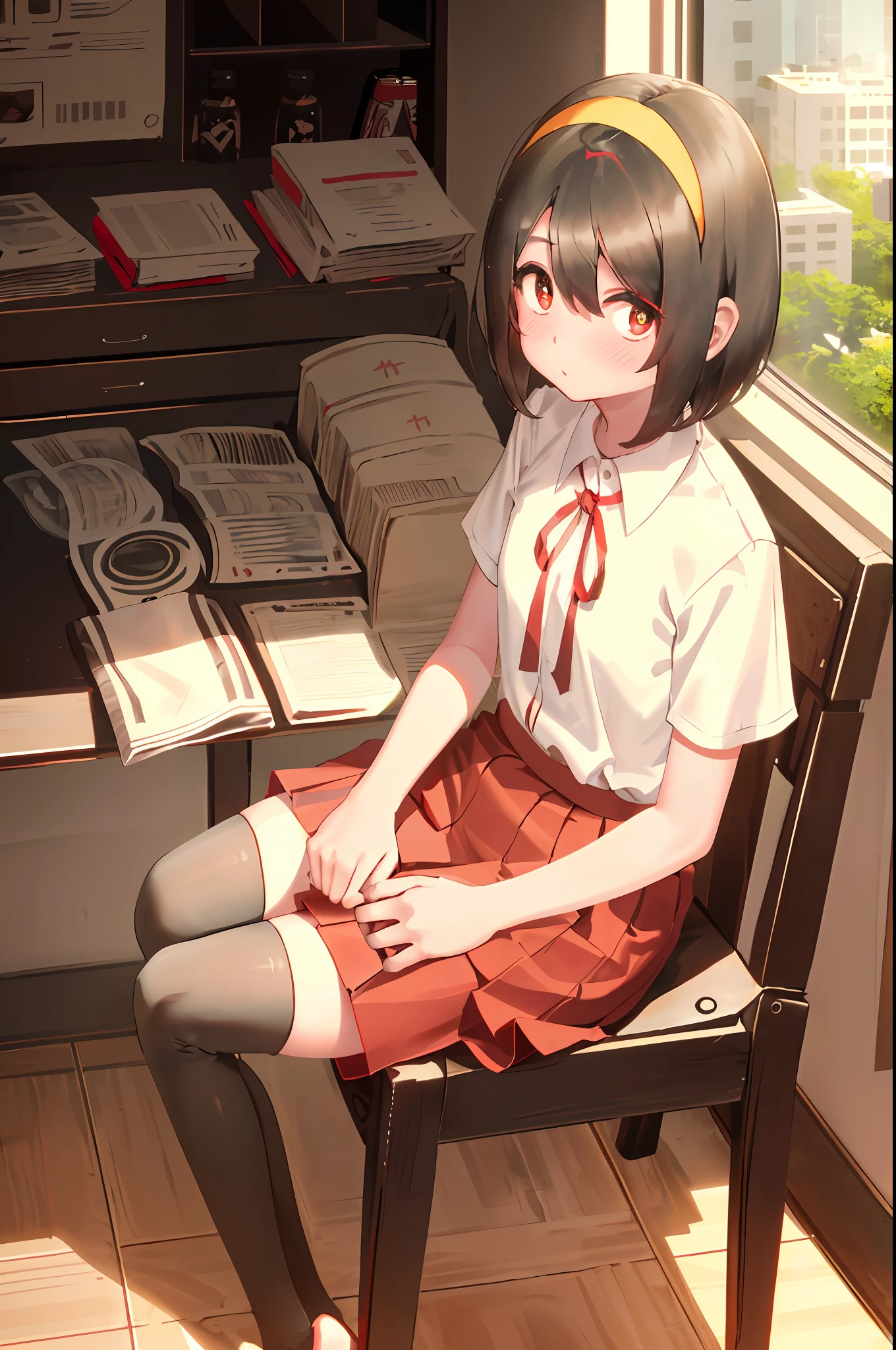 Nishimura, black pupils, ??? version, ???, loli, 1girl, solo, ((white shirt)), black thighhighs, flat chest, cleavage, school uniform, classroom, Red skirt, brown logo on chest, (red pleated skirt), school, hair between eyes,  small breasts, long hair, looking at viewer, black hair, red short nails, solo, thighhighs, thighs, short hair, ((masterpiece)), sitting, chair, desk, window, indoor, blush, sexy pose, indonesian ??? school uniform SD, ((red skirt)), red nectie, short sleeve, yellow hairband, (RED SKIRT)