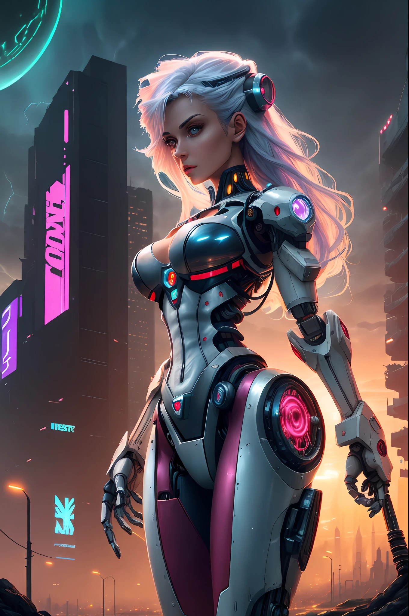 High Detail RAW color Photo,hyperrealistic,digital painting,wide shot,Full Shot,(lens flare:0.5), (bloom:0.5), portrait,(highly detailed, fine details, intricate), incredibly absurdres,(luxurious cyberpunk:1.4,Dystopian,sci-fi), concept art,ornate, from side,looking to the side,
1girl,Lucy \(cyberpunk\),European_Girls,(cute female arterial intelligence,robot, cyborg:1.5),(robotic parts,augmentations,mechanical arms, mechanical legs,silver halmet), (cybernetic implants:1.4,microchip,metal,electric wires,cable,silicone),grey eyes,asymmetrical hair, standing,(holding_weapon,battle_rifle,handgun),belt,(wearing shiny tight soft light suit,see-through white chemise), open jacket,detached sleeves,hip vent,metallic bone exposed,toned physique,slender,medium breasts exposure,breasts out,large ass, (pale skin),(detailed skin, diffused skin pores),HQ, angelic, decorations, embellishments,hard edge,
breathtaking,outdoors, ((in surreal planet Raphael Lacoste)),night, (electricity, bright neon colors,sprawling cyberpunk city skyline), turbulent storm, rain,smog,tendrils, spirals, dust,(((flying ships))), (badlands, observitory)