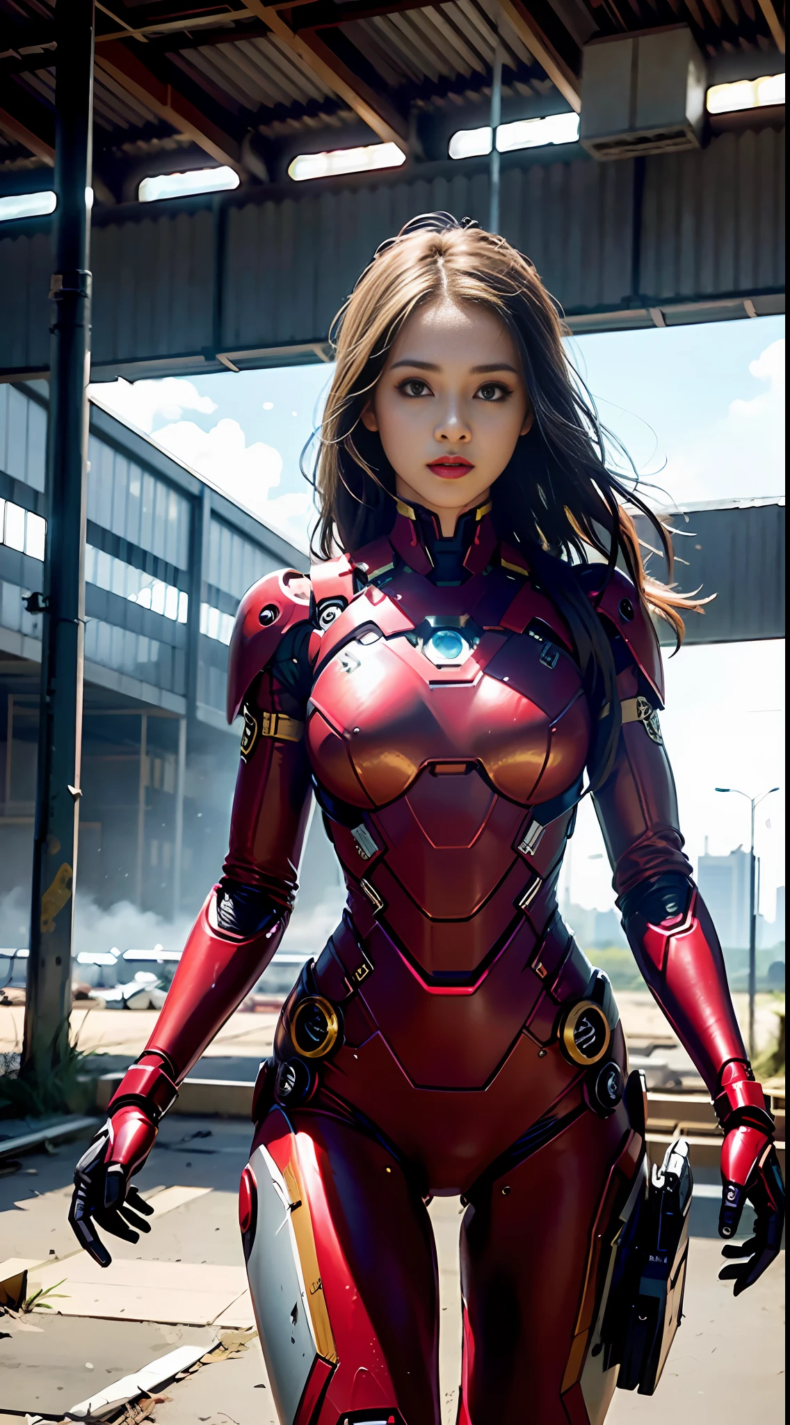 8k, realistic, attractive, highly detailed, a 20 year old girl a sexy and attractive woman inspired by Iron Man wearing a shiny Iron Man mech. She dresses with sexiness and confidence, perfectly interpreting Iron Man's strength and charisma. The abandoned warehouse serves as a backdrop, creating a unique atmosphere that highlights her bravery and perseverance. The cloudy sky adds a sense of tension and mystery to the whole scene. This high-definition, high-quality picture will bring you a shocking visual experience. The detailed abandoned warehouse and shiny mechs will keep your eyes on you. oc rendering, dramatic lighting, award winning quality