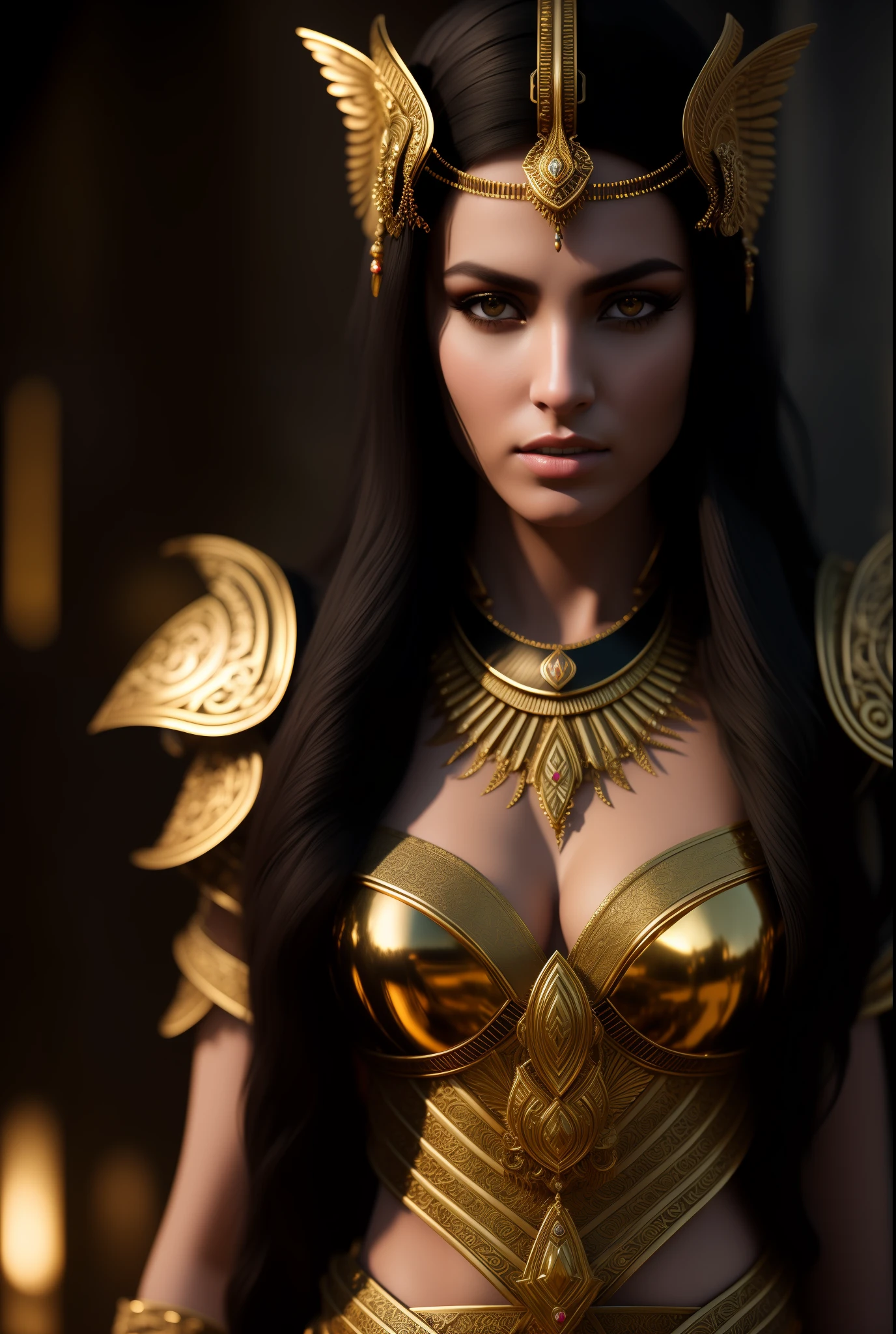 8k rendered digital illustration of a fierce-looking Cleopatra queen possessing extremely powerful demonic weapons, wearing a Cleopatra Dynasty gold - black queen costume with gold jewelry and red armor in a dark universe, a soft hellish environment giving the scene a dark atmosphere but carving the forms in sharp chiaroscuro), is overnight, (highly detailed skin ), ((long black hair)), (highly detailed face ), ((black gold armor)), detailed background, dark lighting, twilight lighting, volumetric lighting, intricate details, UHD, extremely detailed masterpiece, intricate details , (highest quality: 1.3), cinematic photo, ((masterpiece)), (sharp focus: 1.5), (photorealistic: 1.3), (detailed face), detailed background, depth of field, (dark lighting: 1.3), dramatic lighting, twilight lighting, volumetric shadows, highly detailed and intricate details, 8k, UHD, HDR, trend at Artstation, award-winning legendary art