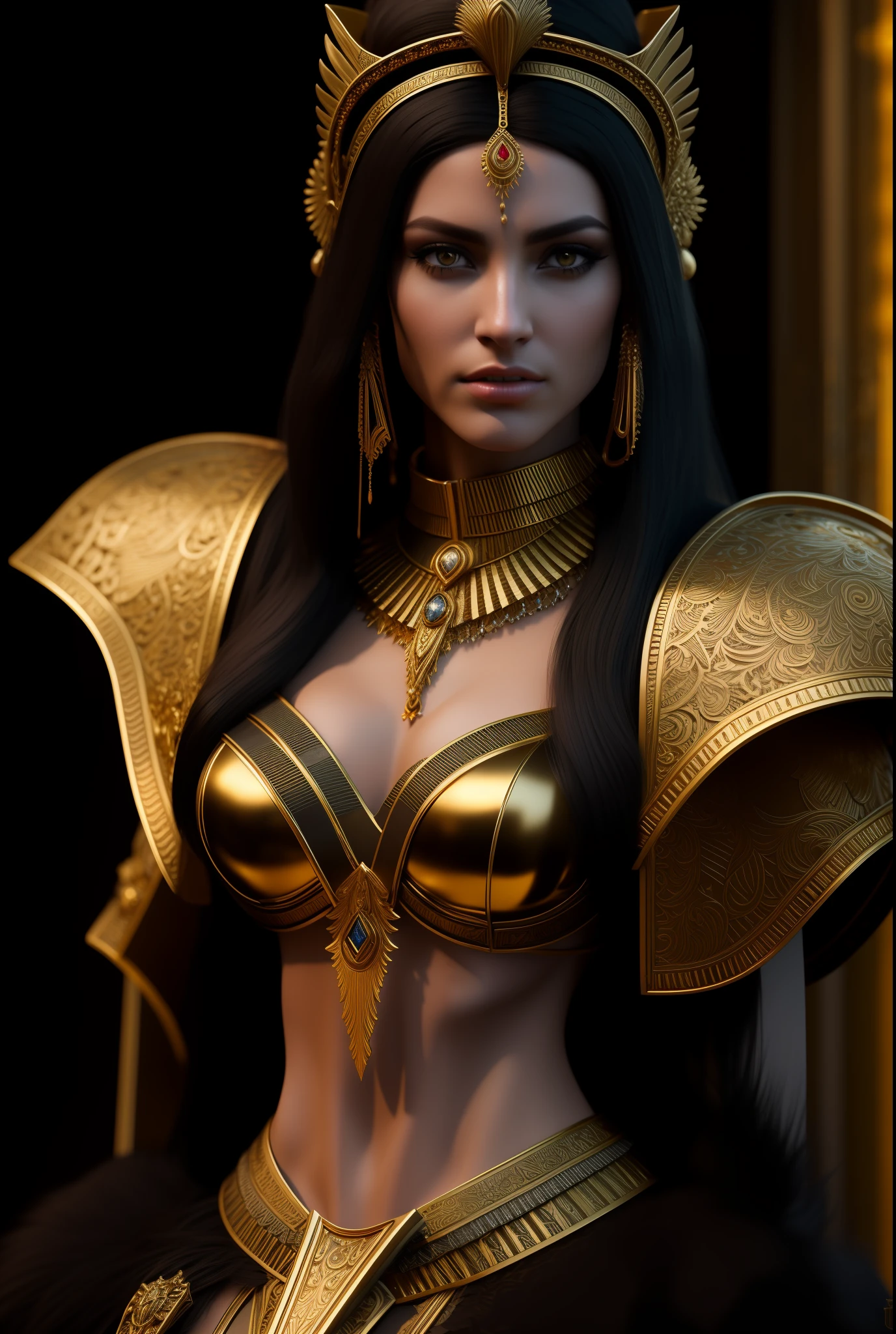 8k rendered digital illustration of a fierce-looking Cleopatra queen possessing extremely powerful demonic weapons, wearing a Cleopatra Dynasty gold - black queen costume with gold jewelry and red armor in a dark universe, a soft hellish environment giving the scene a dark atmosphere but carving the forms in sharp chiaroscuro), is overnight, (highly detailed skin ), ((long black hair)), (highly detailed face ), ((black gold armor)), detailed background, dark lighting, twilight lighting, volumetric lighting, intricate details, UHD, extremely detailed masterpiece, intricate details , (highest quality: 1.3), cinematic photo, ((masterpiece)), (sharp focus: 1.5), (photorealistic: 1.3), (detailed face), detailed background, depth of field, (dark lighting: 1.3), dramatic lighting, twilight lighting, volumetric shadows, highly detailed and intricate details, 8k, UHD, HDR, trend at Artstation, award-winning legendary art