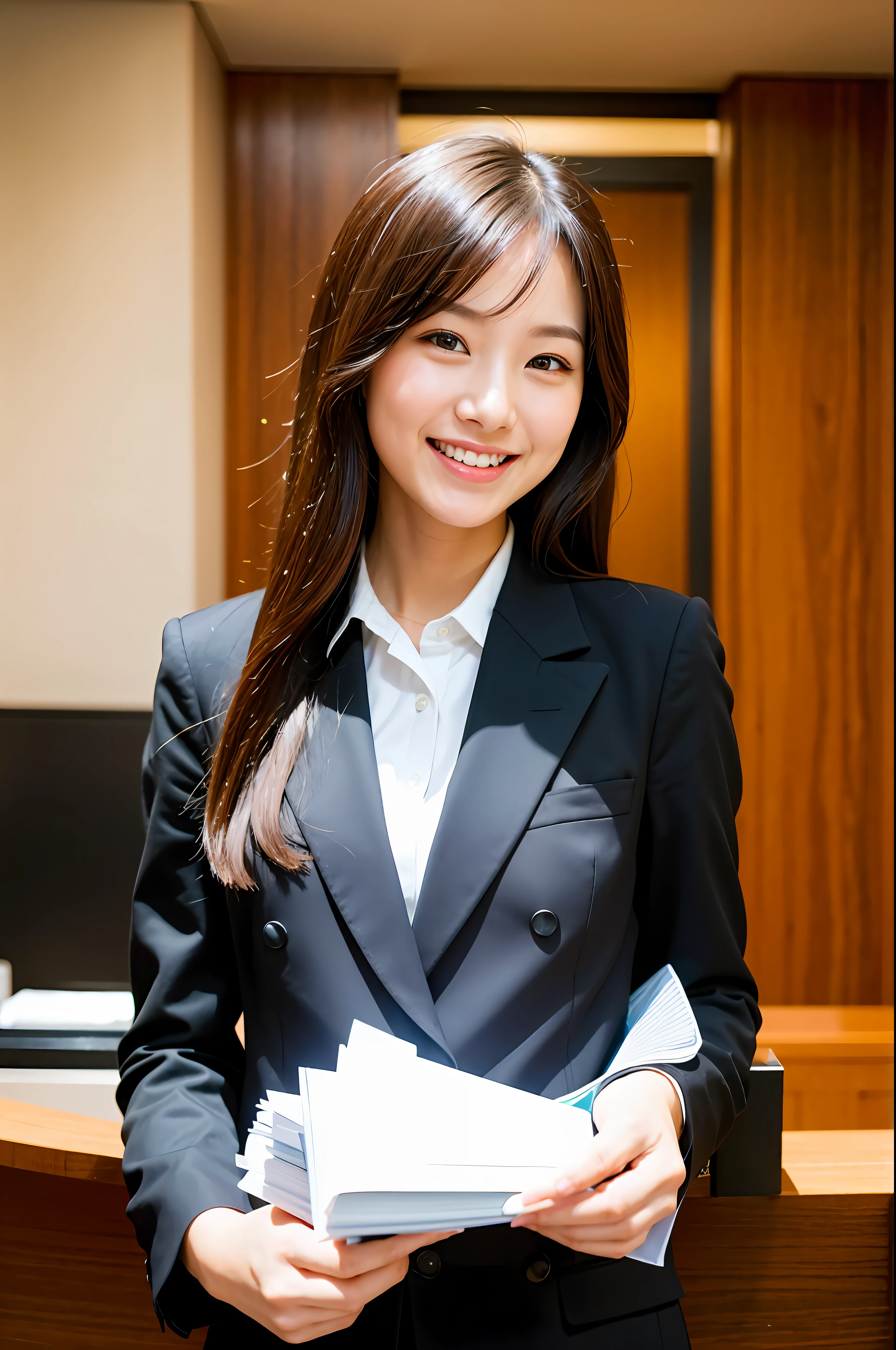 Natural light, girl smiling at the front desk of the hotel in a black suit (best quality, masterpiece: 1.2)