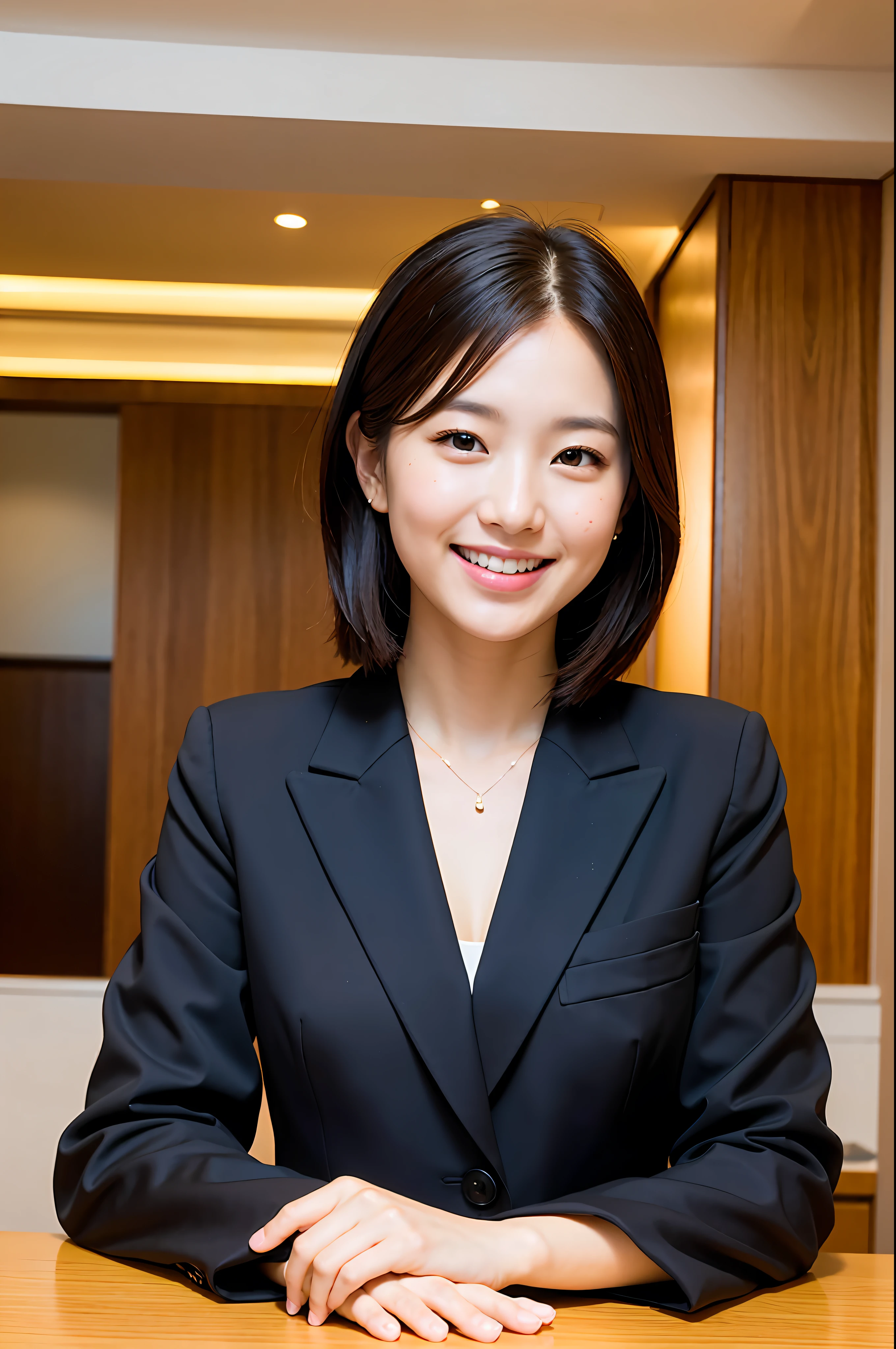 Natural light, girl smiling at the front desk of the hotel in a black suit (best quality, masterpiece: 1.2)