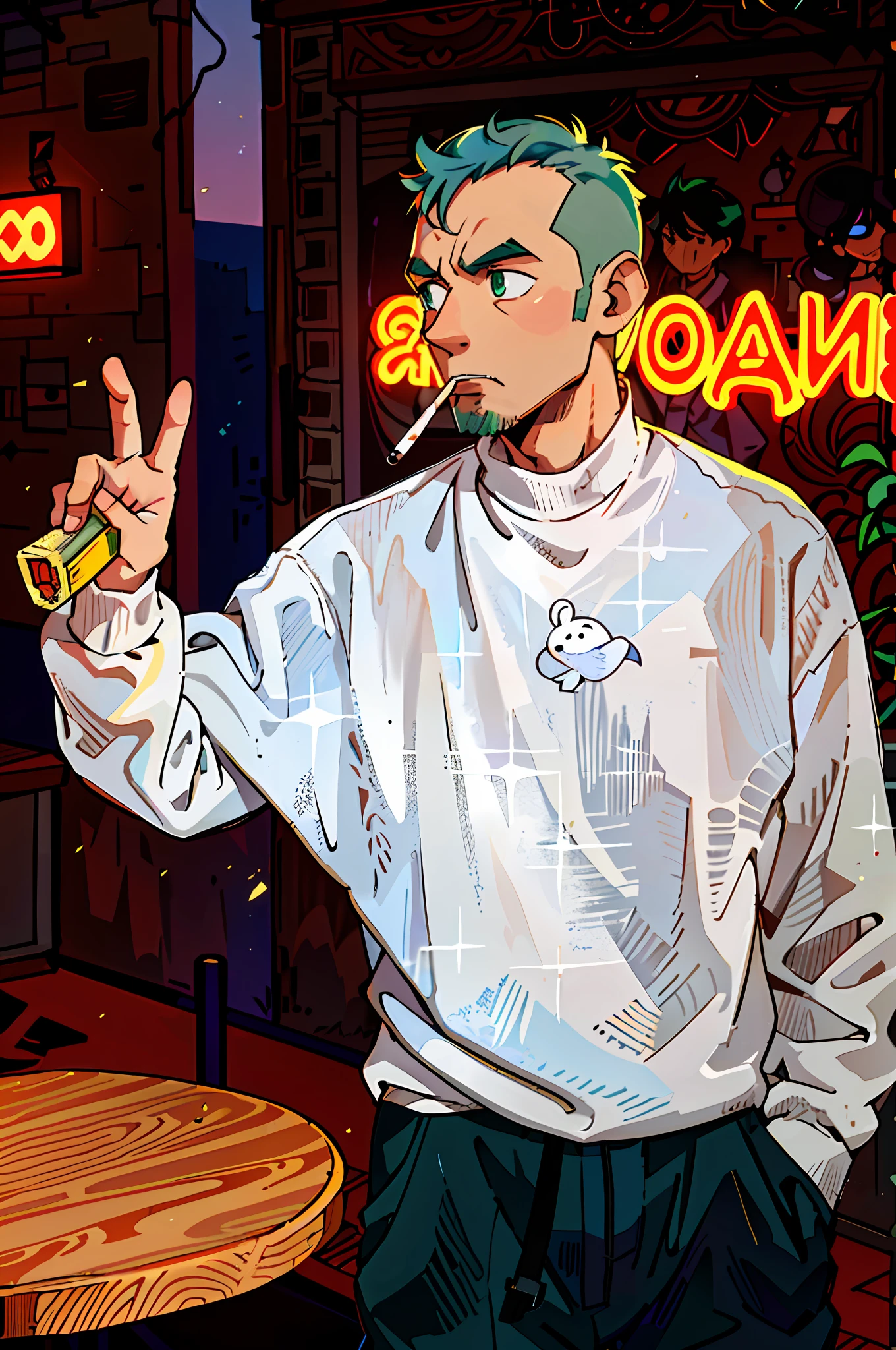 (best quality: 0.8), (best quality: 0.8), perfect anime illustration, very close-up of a guy walking through the city, blue-green hair, less white on the background, "CHICKO" sticker on the chest, cigarette in his teeth, 23 years old