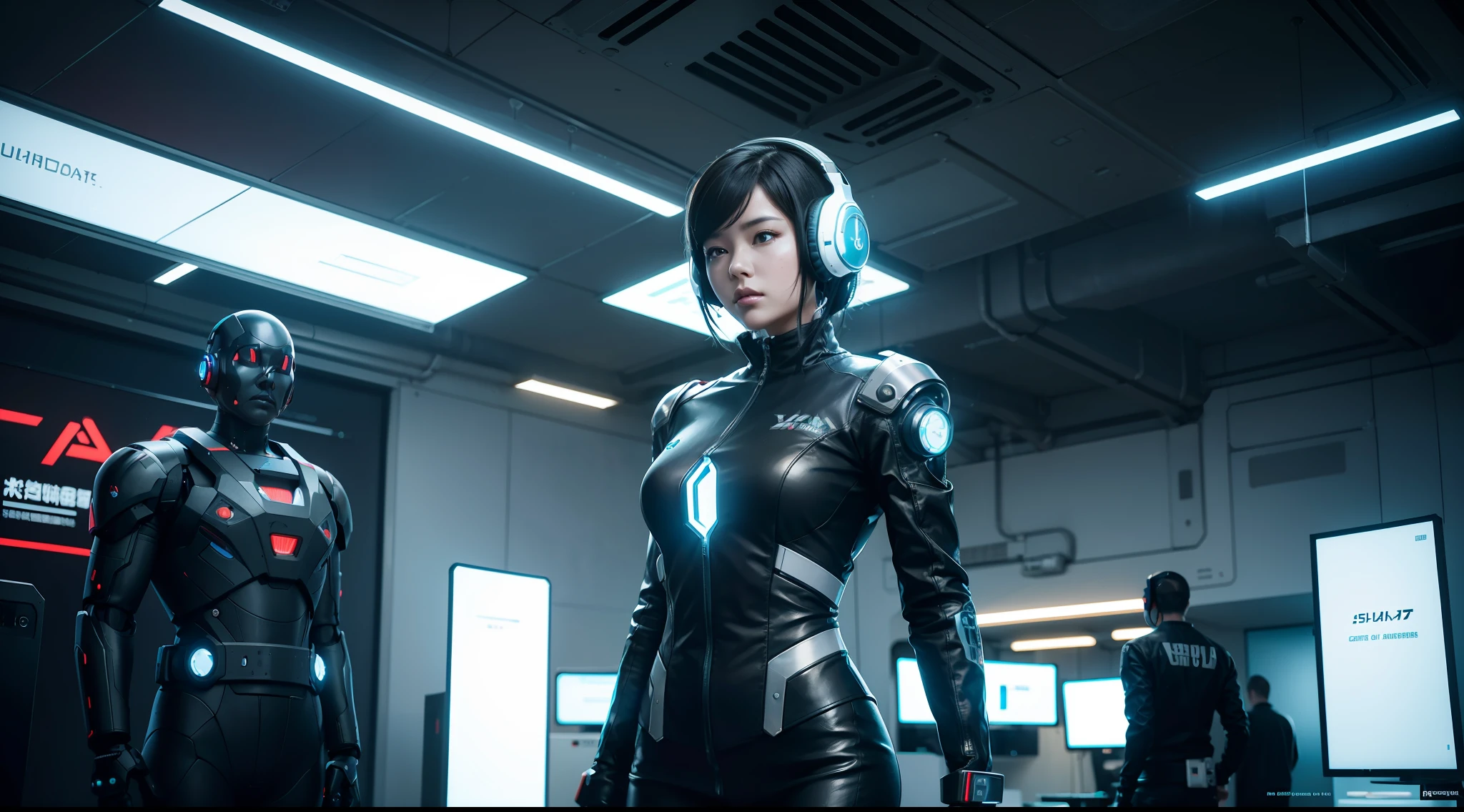 a woman with headphones standing next to a robot, cyberpunk art by Jason A. Engle, cgsociety, retrofuturism, ilya kuvshinov, sci-fi, futuristic, vibrant, photorealistic, realistic, dramatic, cinematic lighting, sharp focus, 8k