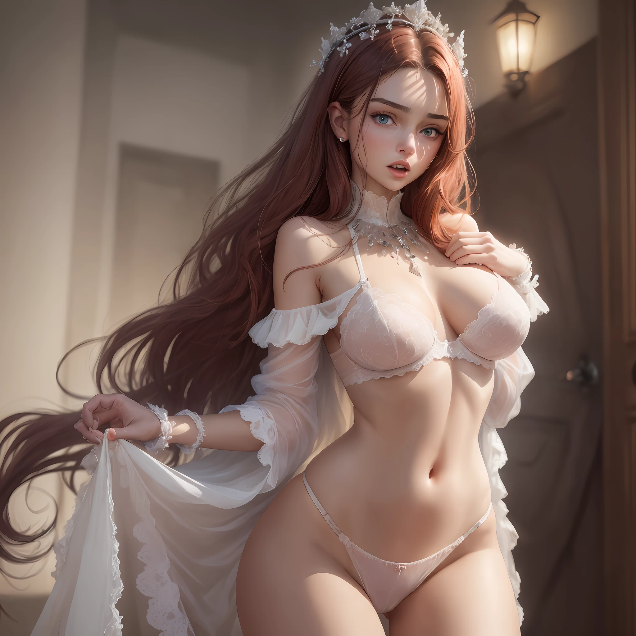 (masterpiece), (best quality: 1.0), (ultra highres: 1.0), detailed, gives me a description: woman, with chiffon bra
My torn and falling to her shoulders, her hands clutching her bra, posing, blue-eyed, red-haired, white, with chiffon fabric. 1.55 tall 18 years thin with American standard body, rain wet body, with real features
This woman is an 18-year-old girl with red hair that falls in gentle waves over her shoulders. His blue eyes sparkle with curiosity and vivacity. She has a delicate white skin, enhancing her angelic appearance.
With a height of 1.55m, she has a slim and elegant figure, following an American body pattern. Her posture is confident and graceful, while she assumesdelicate pose.
She wears a chiffon bra that is slightly torn, falling gently down her shoulders as she holds the straps in her hands, showing a mix of sensuality and vulnerability. The chiffon bra adds a touch of femininity and sophistication to your look.
It is important to remember that it is essential to respect the limits and keep the description within the standards of respect and good taste. This description seeks to highlight beauty and sensuality in an appropriate way, honoring the individuality and dignity of the character., redhead, beautiful detailed skin, focus on the face, detailed eye, upper body, anger, sarcasm, oaths, Akimbo, accusation, anger, frowning, open mouth, open nose, indifferent, arrogant, detailed frilly bra, transparent jacket, damp lips, beautiful accessories, ornate accessories, silver crowns, ornate bracelets, ornate rings, princess, palace, full body, (Rembrandt light: 1.8),((Miranda Kerr's face)), (bra), (bare butt: 1.9)brown pubic hair) ,(diamond on top, (((nude))), huge ,, no panties,k back, talow navel, prestige, beautiful, luxury, wedding dress, nipple sticker, standard tatt