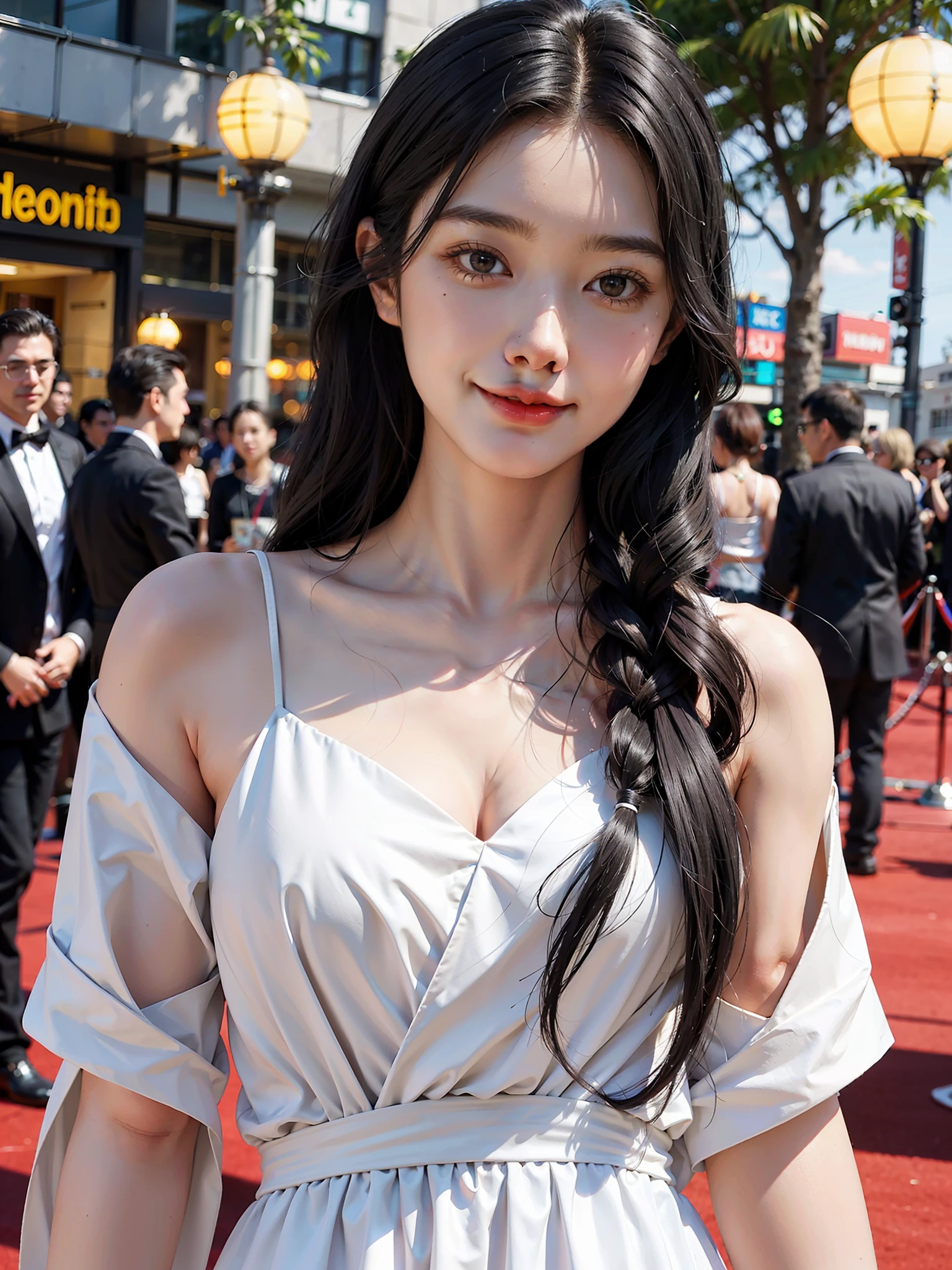 1 girl, (long black hair) (tied hair) (beautiful hair), white dress, light smile, shiny skin
Best quality, masterpiece, red carpet (Photorealistic: 1.4)