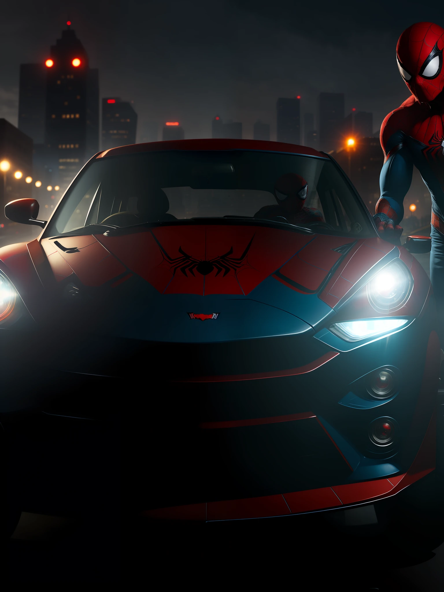Scene from the movie, Spider-Man-style car: red with blue stripes, spider emblem on the hood, spider web on the sides, Spider-Man logos on the wheels