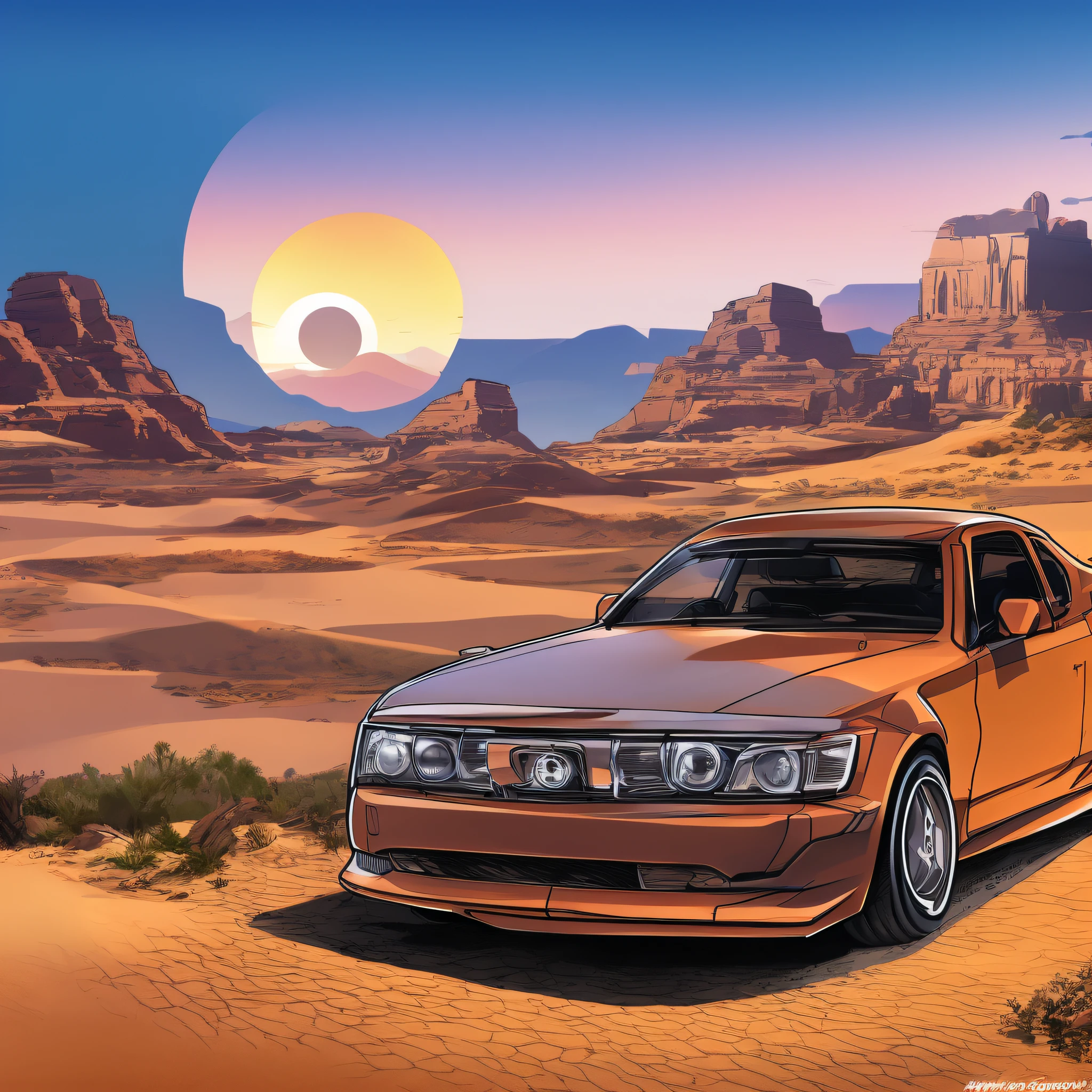 /imagem a realistic car traveling down a desert road,comic style,scene,sunset--no clouds--montains--ar16:9 --auto --s2