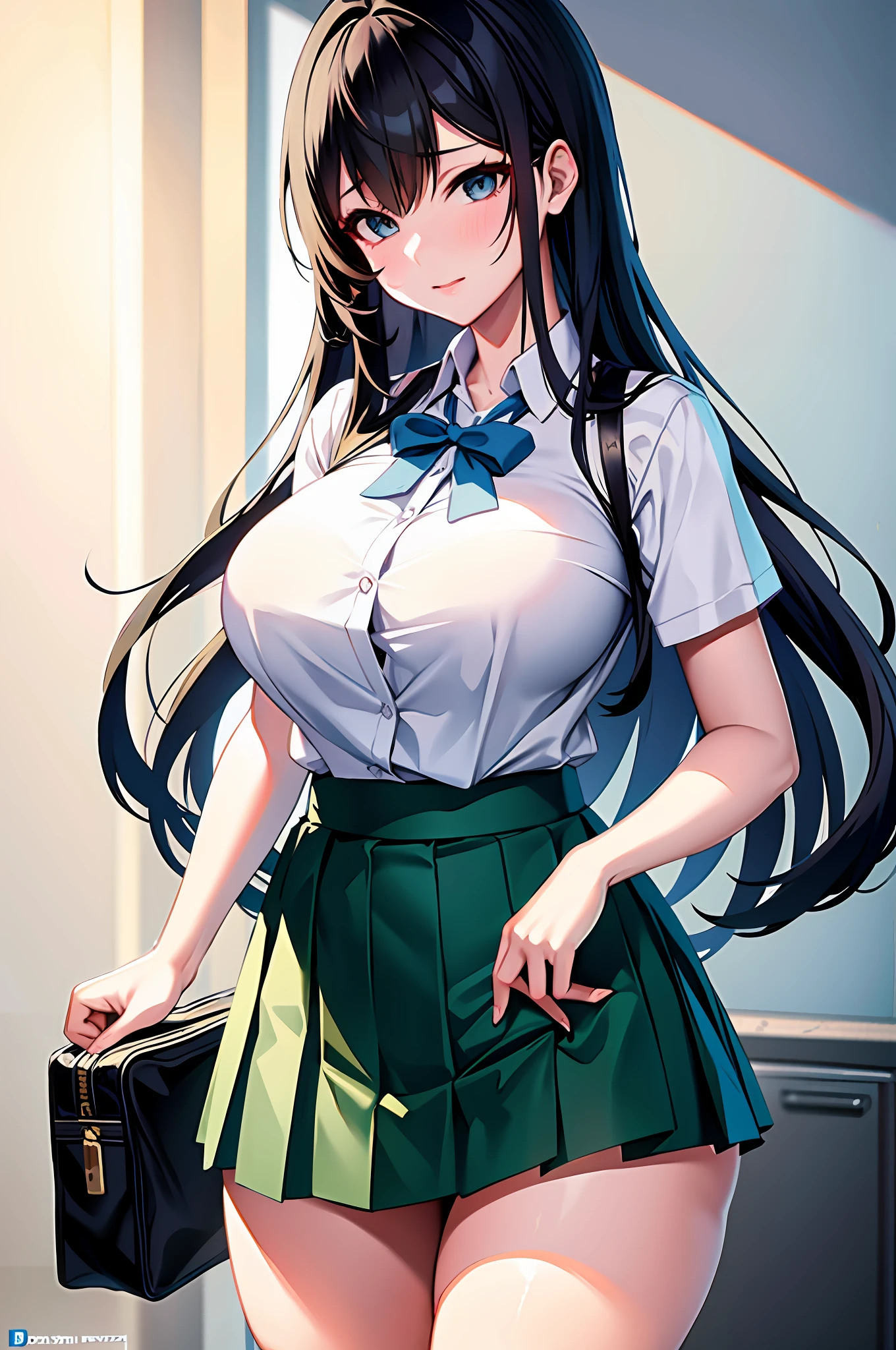 High school girl in white blouse and green checked skirt, green checked skirt, untied long black hair, pinched eyes, long eyelashes, well-styled and quite large breasts, white underwear with skirt flipped up, posing with large breasts for emphasis, naughty large breasts, naughty thighs, naughty Anime style, beautiful anime school girl, surrealistic school girl, surrealistic school girl, enchanting anime girl, realistic school girl, emphasized big breasts, naughty anime style, naughty thighs, naughty thighs, smooth anime CG art, surrealistic school girl, surrealistic school girl, Enchanting anime girl, realistic high school girl, smooth anime cg art, anime girl, beautiful anime high school girl, beautiful anime girl, beautiful charming anime , naughty anime style, photorealistic anime girl renderings