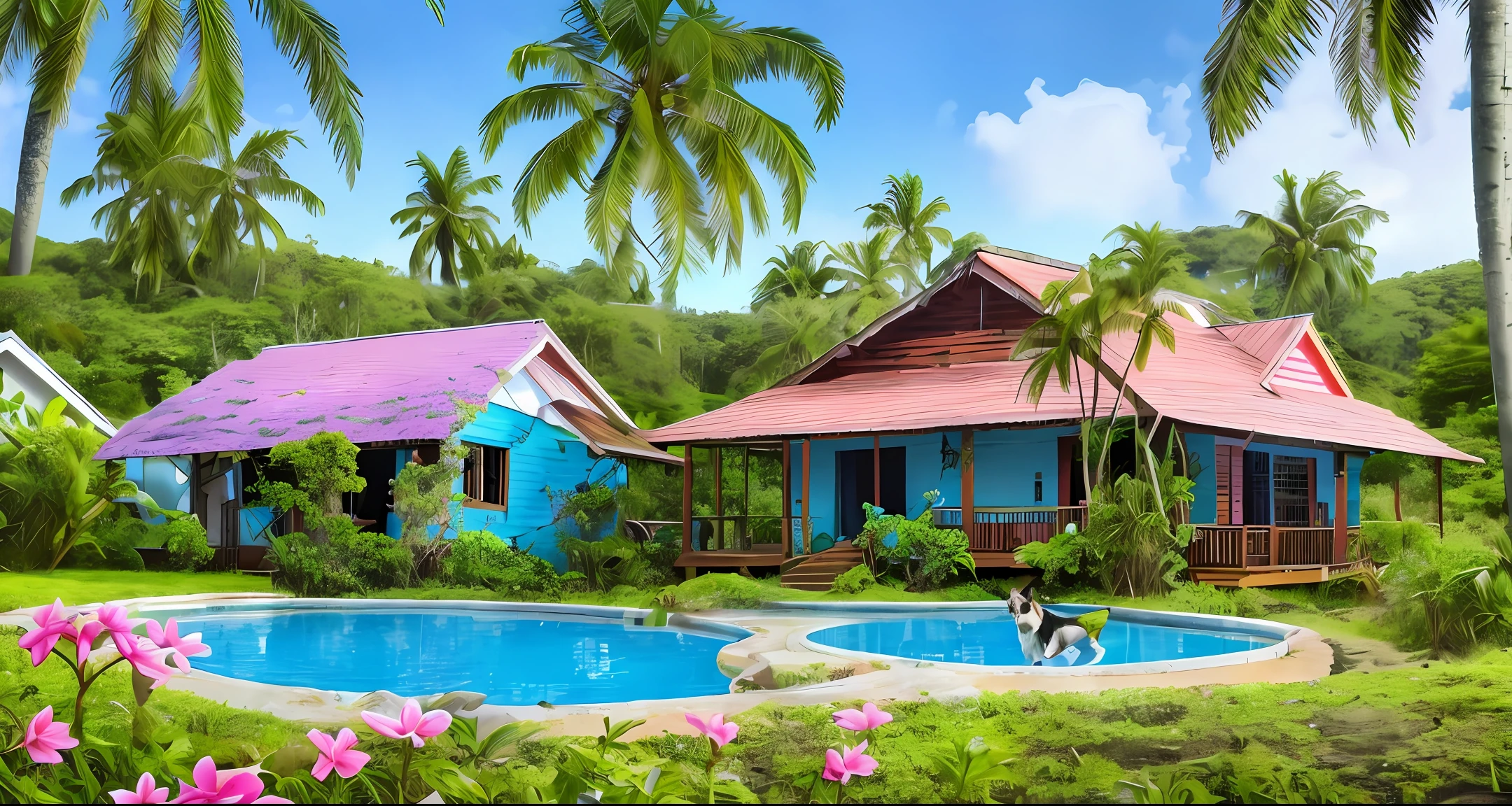 Old house with forest in the background, blue pool, with 2 dogs and pink flowers in front 2 coconut trees