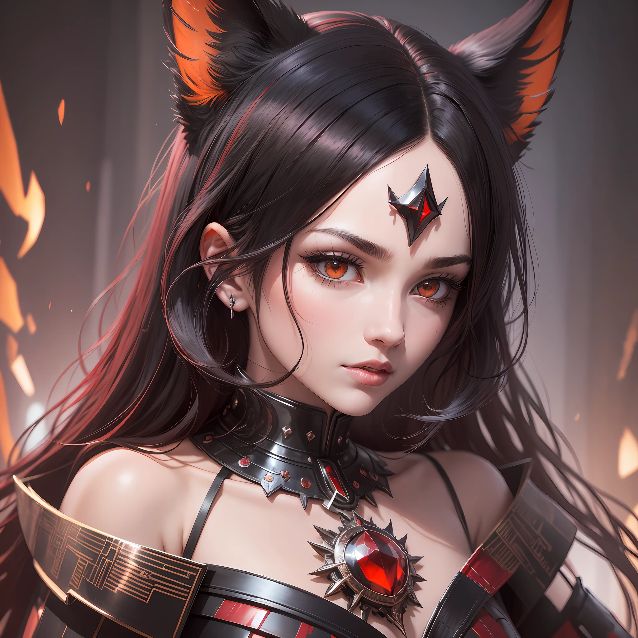 black hair, red hair, forehead jewel, no pupils, animal ears, Surrealism, Art Deco, backlighting, 8k, super detail, UHD, UHDblack hair, red hair, forehead jewel, no pupils, animal ears, Surrealism, Art Deco, backlighting, 8k, super detail, UHD, UHD --auto --s2