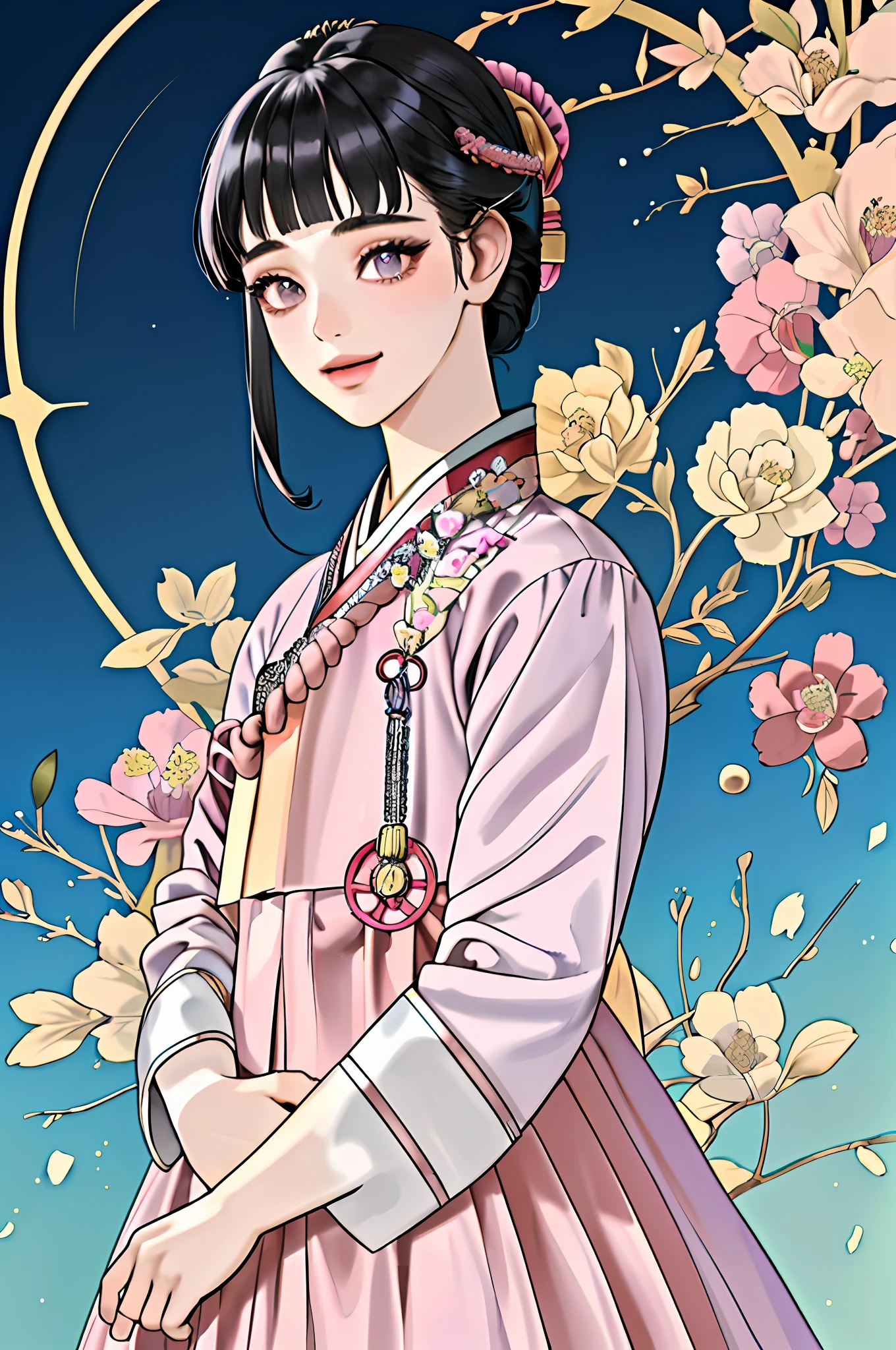 (8k, highest quality, masterpiece:1.2), ultra detail, ultra high resolution, portrait, high detail, professional photo, super colorful photo, extremely delicate and beautiful, extremely detailed, 8k wallpaper, amazing and detailed detail, huge file size, official art, highly detailed CG unity 8k wallpaper, 1girl, very detailed beautiful girl, very detailed face, very detailed eyes, Big purple eyes, very detailed skin, very detailed nose, very detailed mouth, perfect anatomy, arm back, very pretty face, smile, oriental style, dark blue hair, dark makeup, long hair, middle breasts, wide buttocks, pink hanbok, ((((hanbok))), detailed clothes, short neck, very short arms, camera upwards, a slightly turned position, upper body portrait photo, {cute 19 year old girl}, hands down, Upper body close-up, 5fingers per hand, no overlapped hands, no extra hands, no more than 1hand, floral hairpin, colorful background, (((blunt bangs))), updo hair