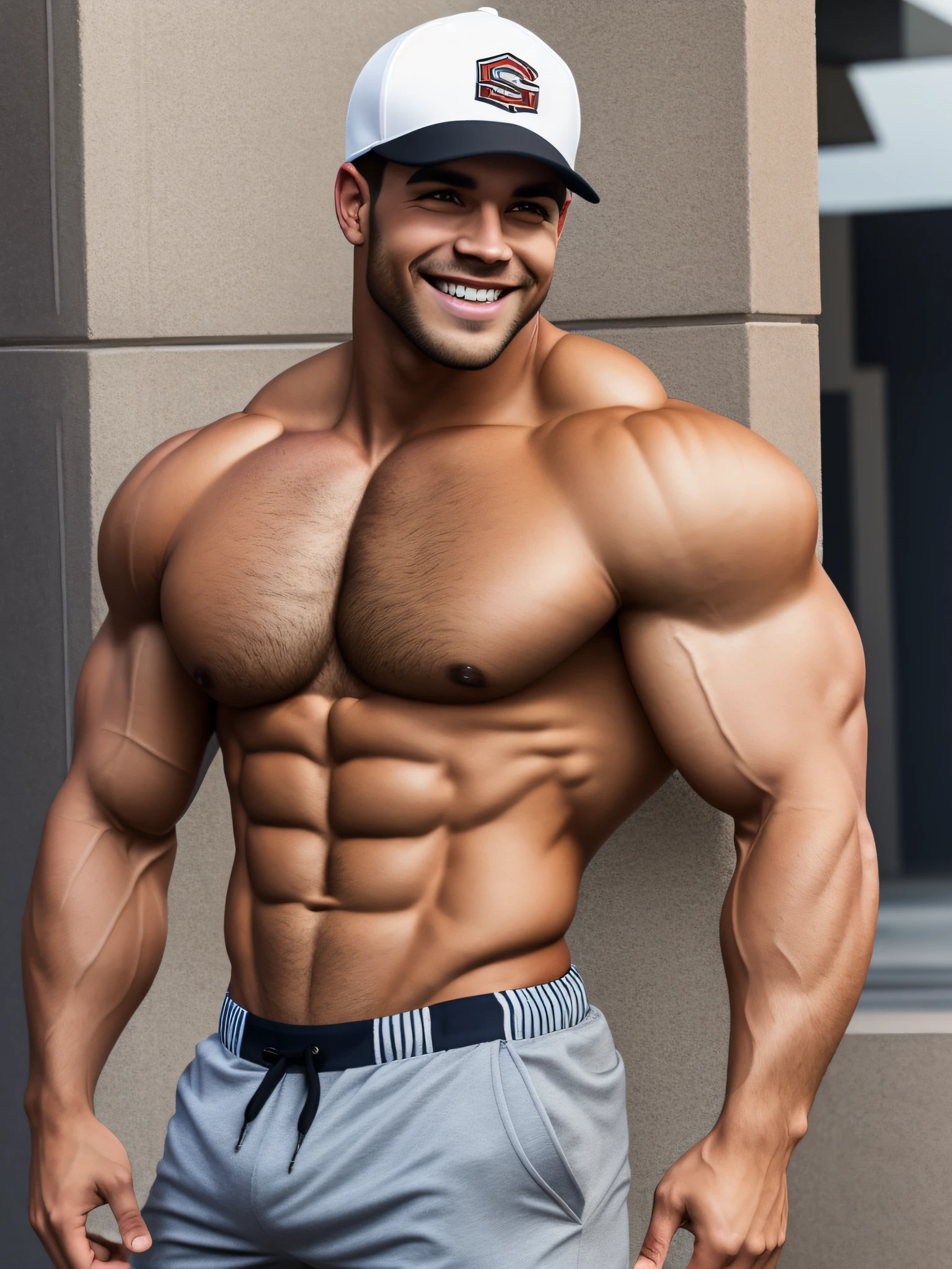 instagram photo, gymrat (five o'oclock shadow, manscaped), super buff and cool, short and muscular, baseball cap, shorts, show off, physique, superior arrogance, forced smile