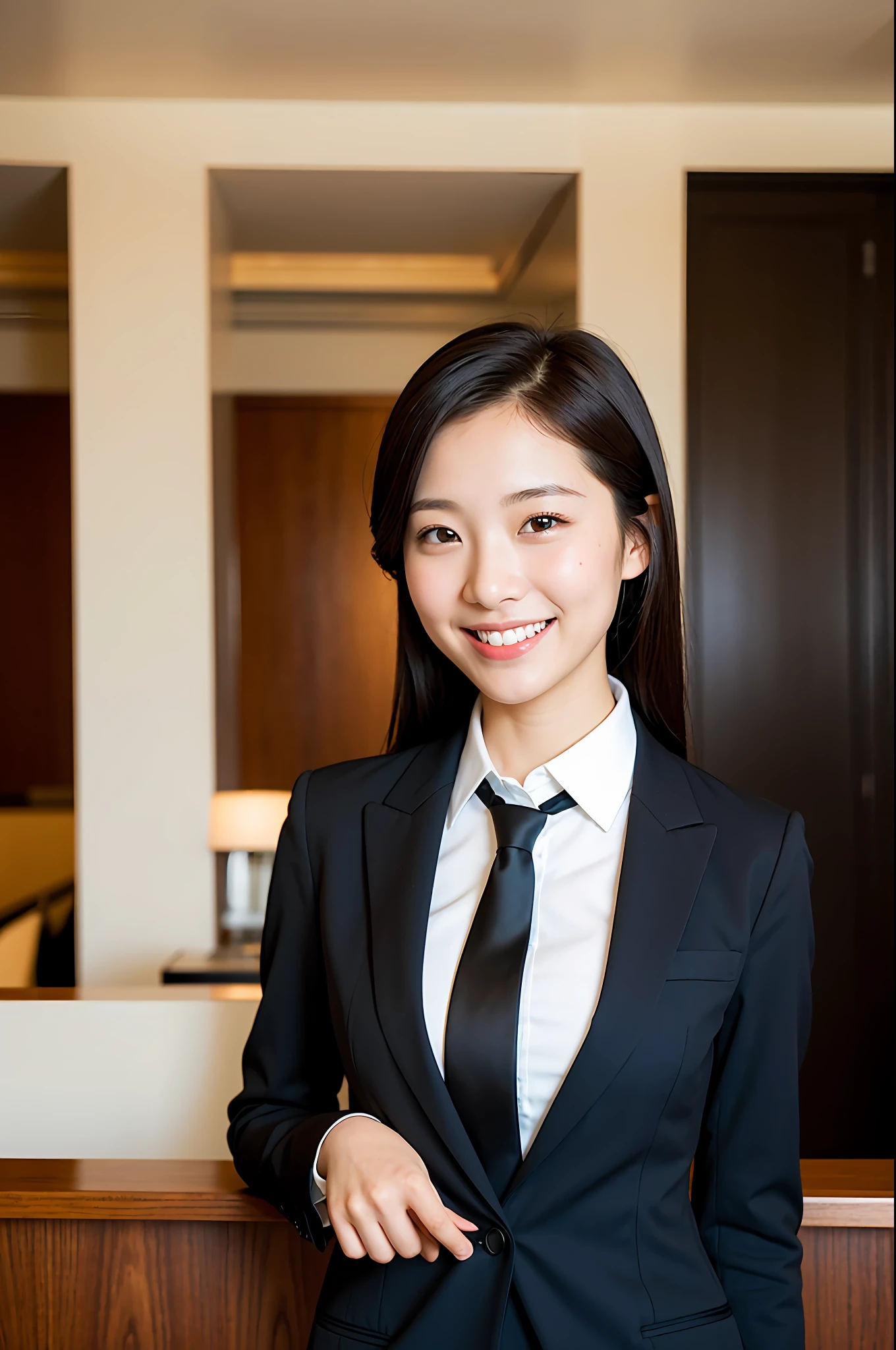 Natural light, girl smiling at the front desk of the hotel in a black suit (best quality, masterpiece: 1.2)