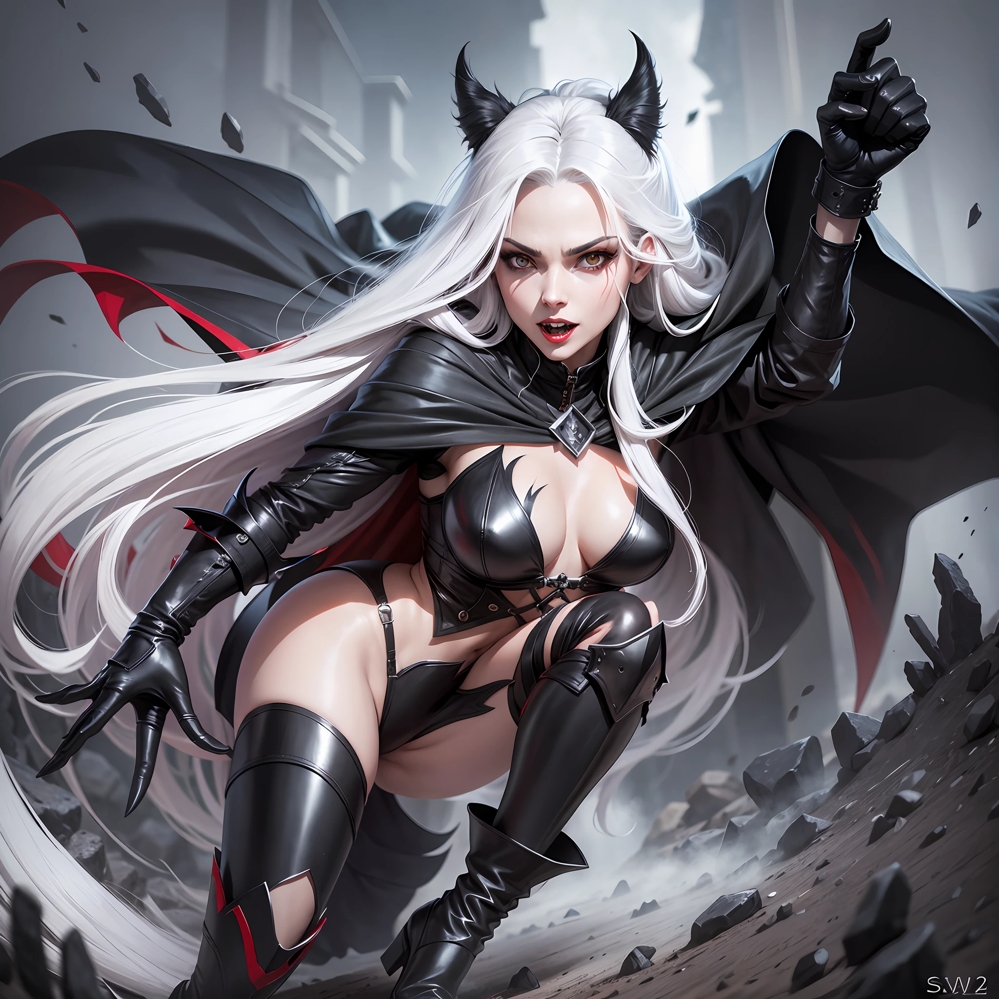 Rogue,woman,long teeth,vampire teeth,black cape red boots,long hair,gloves,detailed,hd,4k,realistic,white eyes --auto --s2
