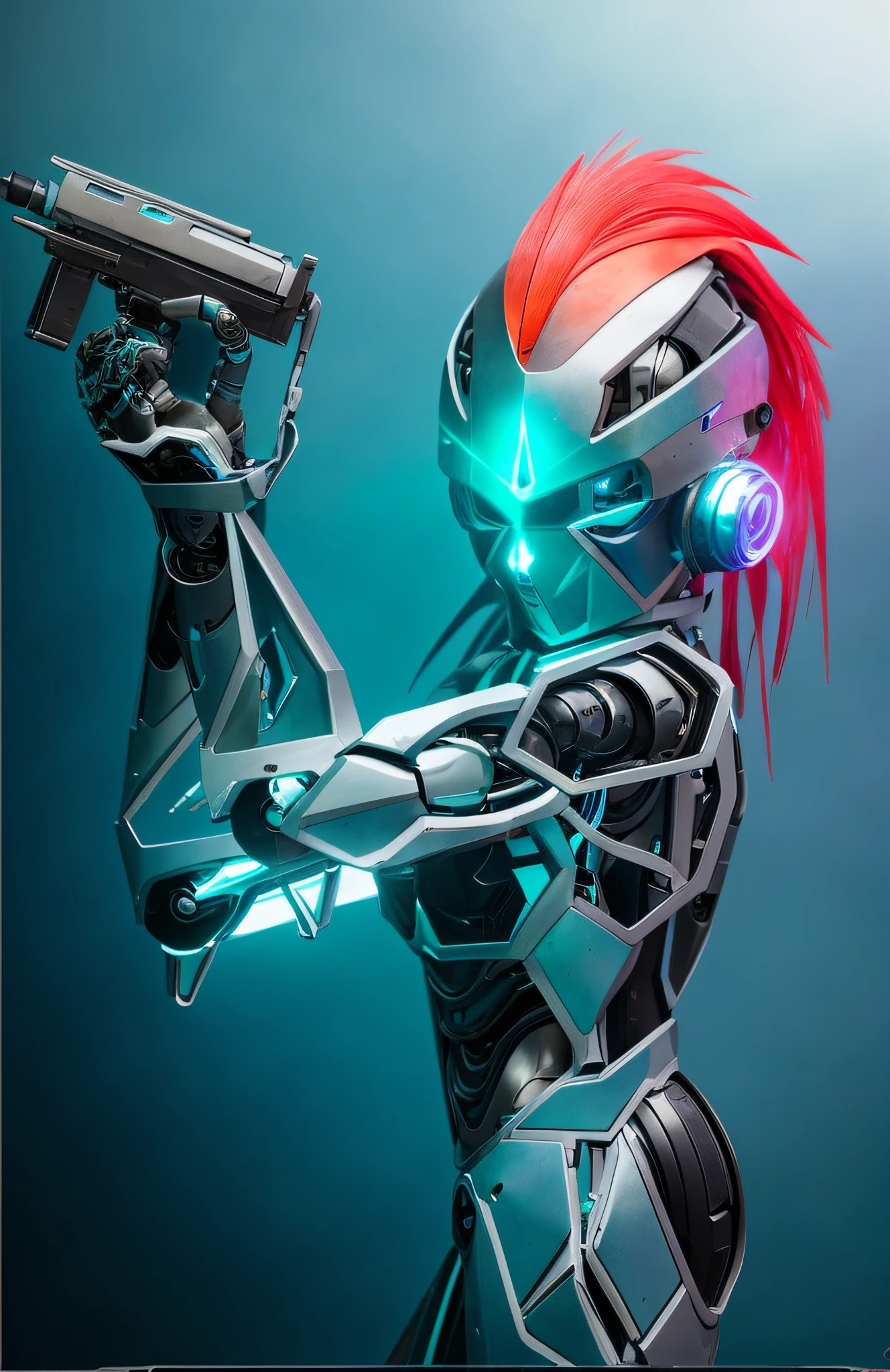 a robot with a gun in hand, mermaid cyborg with a laser revolver, female mecha, samus aran fanart, girl in mecha cyber armor, mecha inspired, cyborg caracal, biomechanical cyborg, robotic anime mixed with organic, inspired by Rob Liefeld, inspired by Leiko Ikemura, cyborg anime, armor in lead color, black, blue