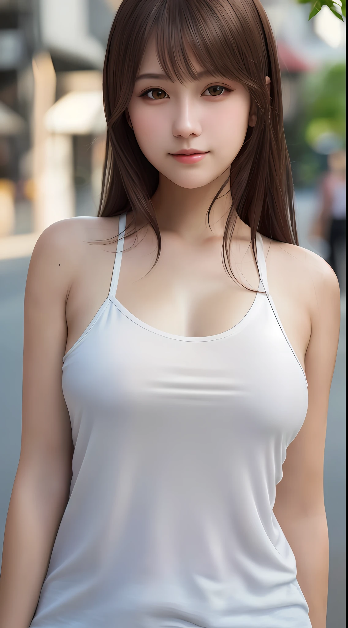 upper body, masterpiece, best quality, raw photo, photorealistic, big, face light, shiny skin, high resolution, ultra detail, detail, detailed eyes and face, sharp pupils, realistic pupils, sharp focus, evil smile, street, brown hair, shiny breasts, camisole