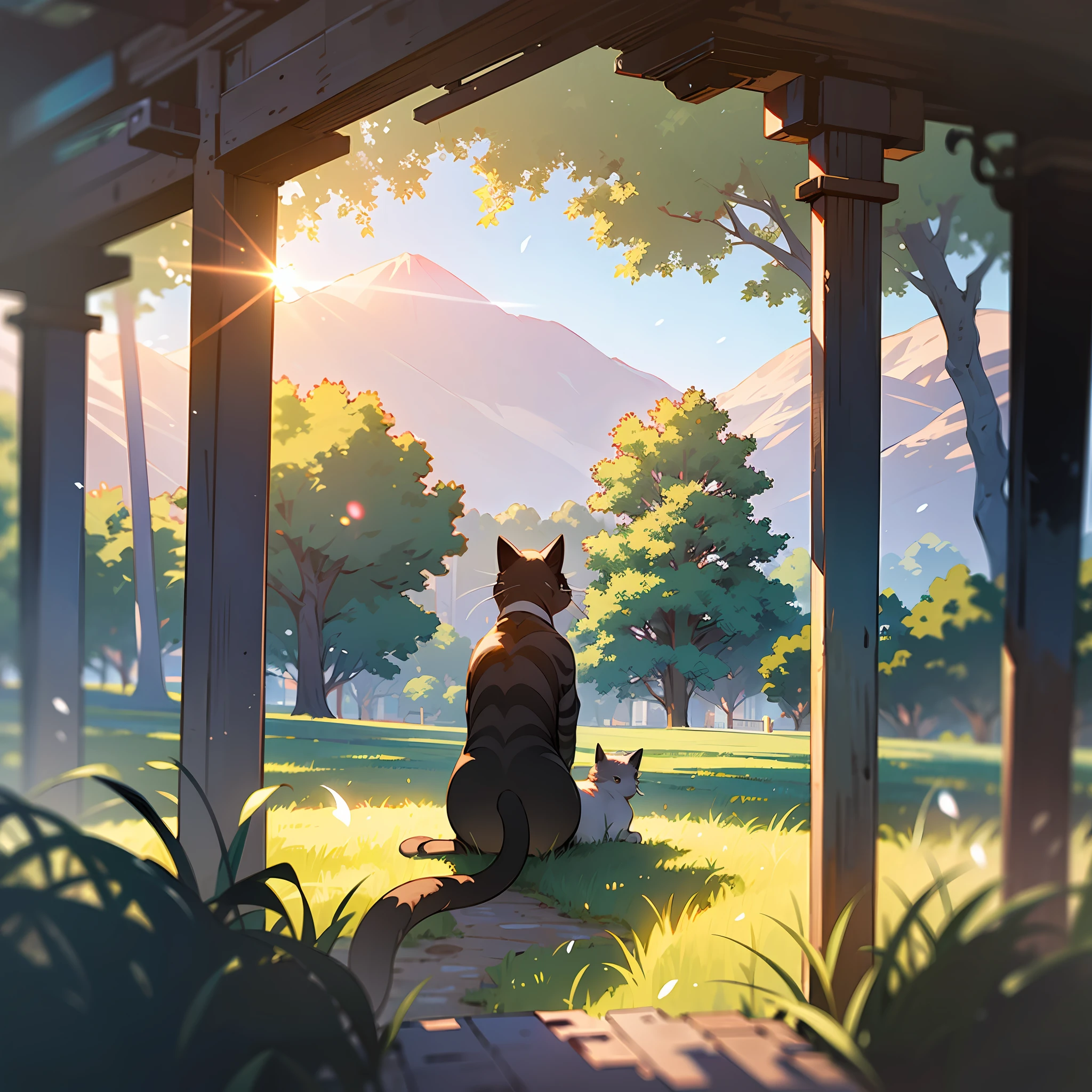 ((high quality)), ((masterpiece)), 8k, cat sitting looking at landscape from behind, rays of light, 8k wallpaper of extremely detailed unity CG, cg game