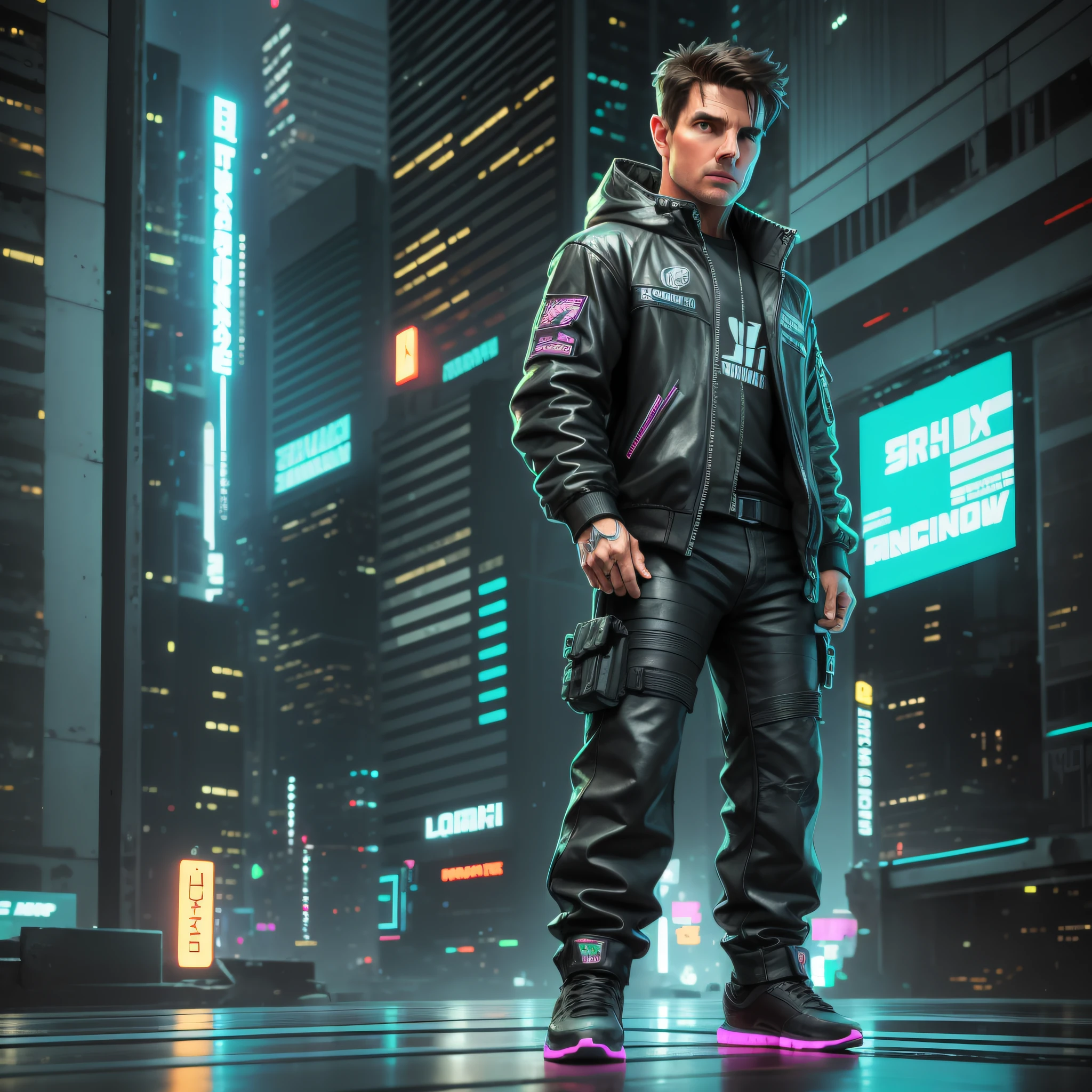 tom cruise, loish, jeremy mann, full body shot, character sheet, lightningwave, 3d, cgi, glowing neon, cyberpunk, streetwear outfit, ☂️, neon city --auto --s2