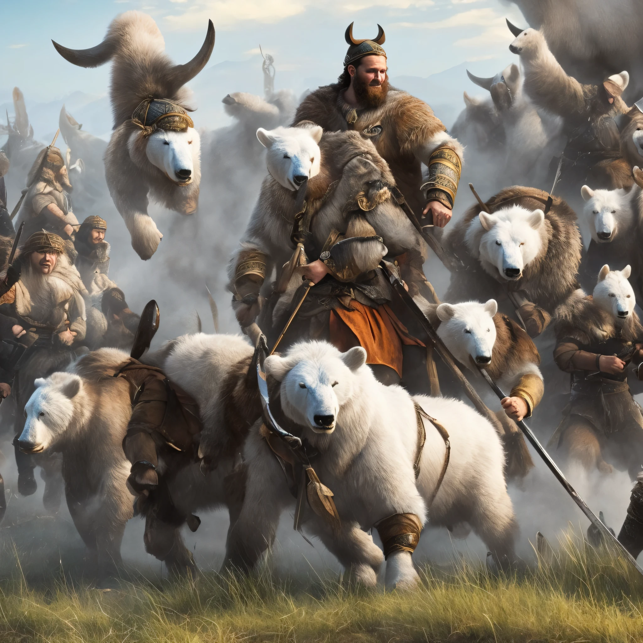 The Viking White Bear hunting prey while being surrounded by Viking warriors. --auto --s2