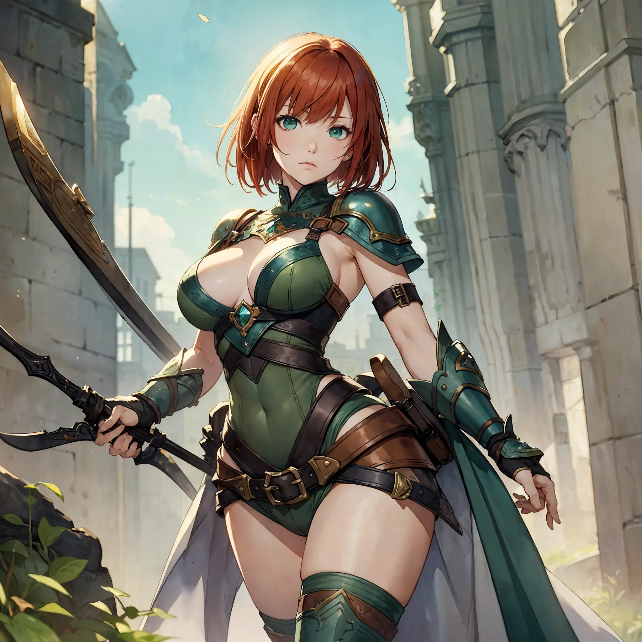 (watercolor: 1.2), warrior, bangs, redhead, short hair, green eyes, hair between eyes, blurred background, high resolution, large breasts, full body, fantasy, medieval --auto --s2