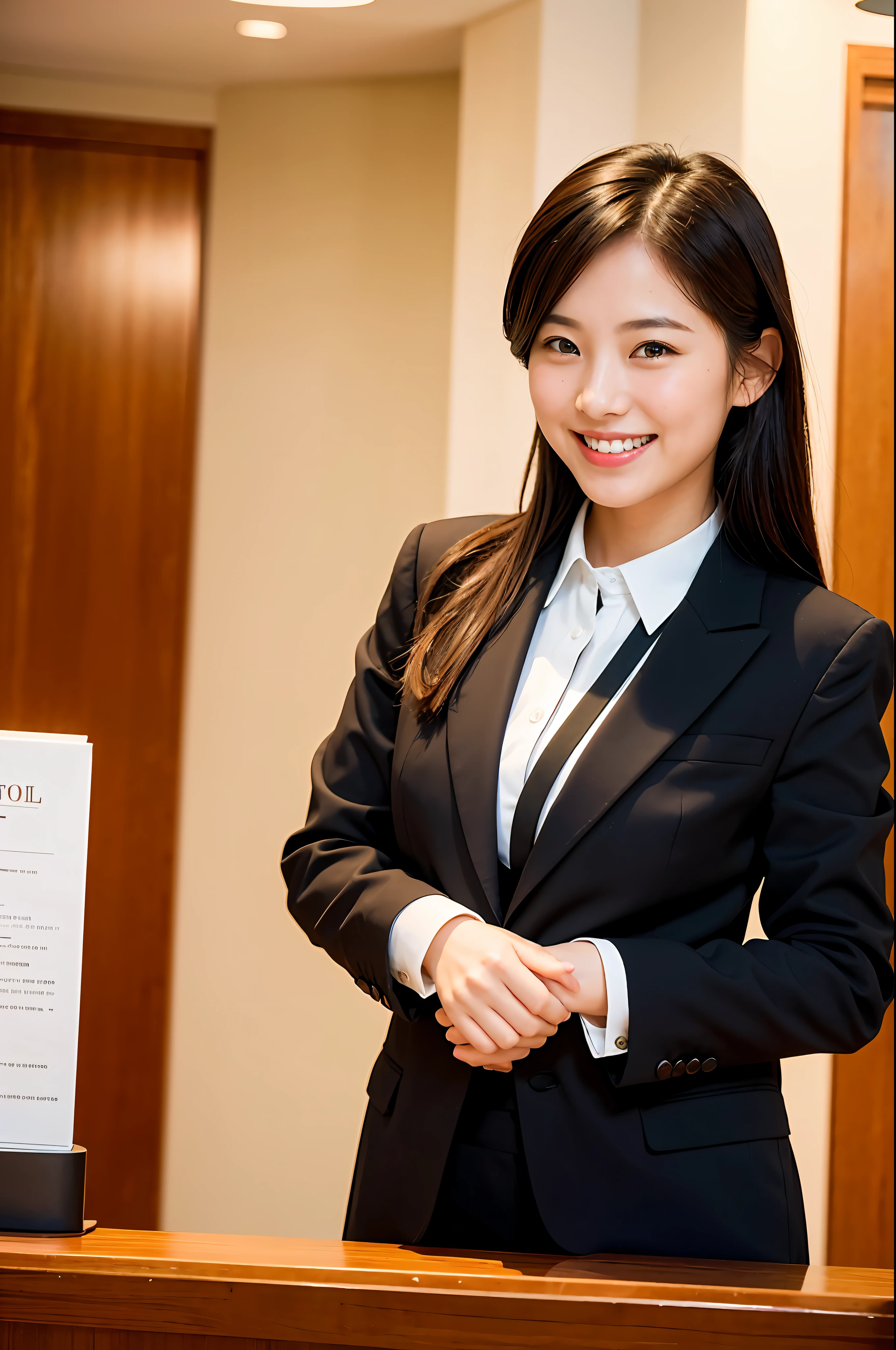 Natural light, girl smiling at the front desk of the hotel in a black suit (best quality, masterpiece: 1.2)