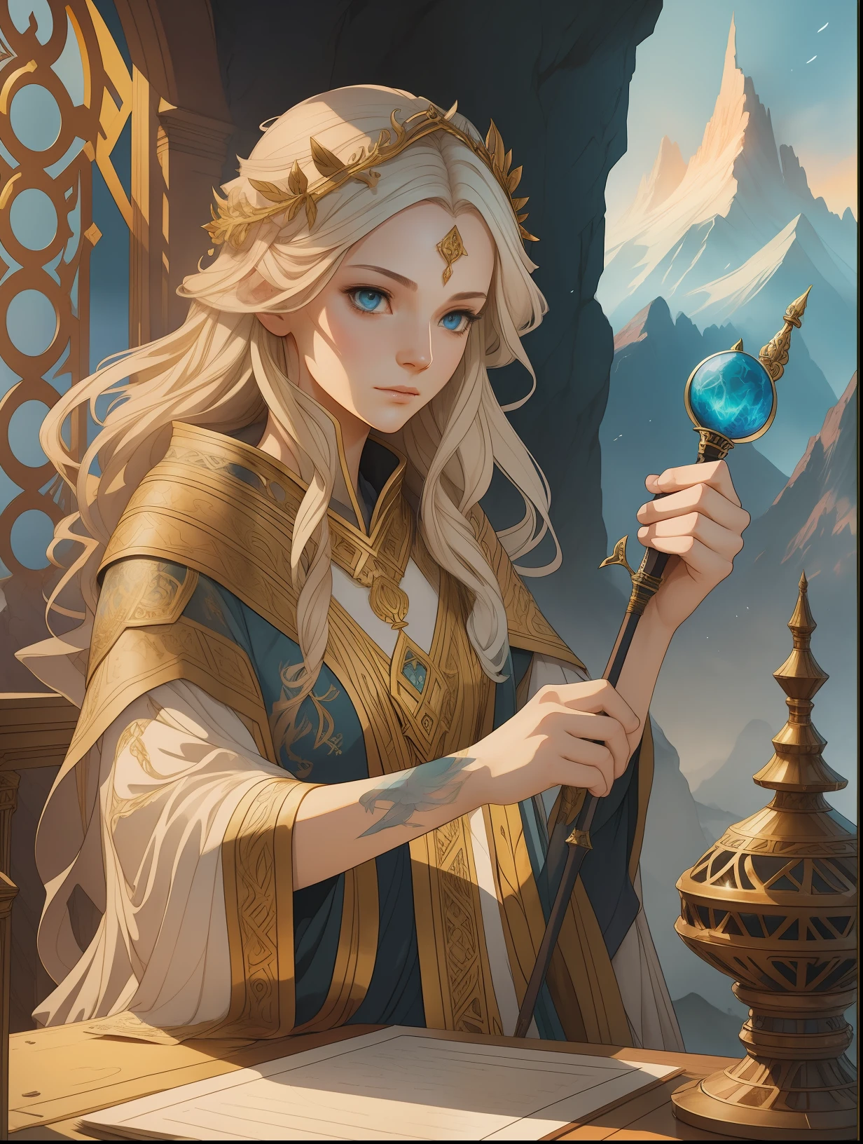 beautiful mage rpg character, light hair, line art watercolor wash, very lit mountain background, abstract beauty, approaching perfection, pure form, golden ratio, minimalistic, unfinished, concept art, by Brian Froud and Carne Griffiths and Wadim Kashin and John William Waterhouse, intricate details, 8k post production, high resolution, hyperdetailed, trending on artstation, sharp focus, studio photo, intricate details, highly detailed, by greg rutkowski