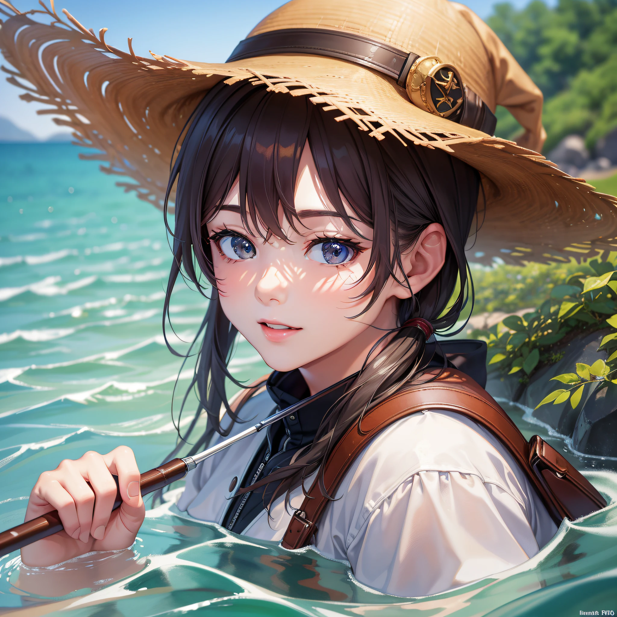 Watercolor(((Highest quality, 8k, masterpiece: 1.3)))), Sharp focus (masterpiece), (best quality), super detailed, ultra-realistic, with photo-realistic rendering in 8k, with perfect focus, two western boys, on the edge of the lake fishing together and having fun on a sunny day