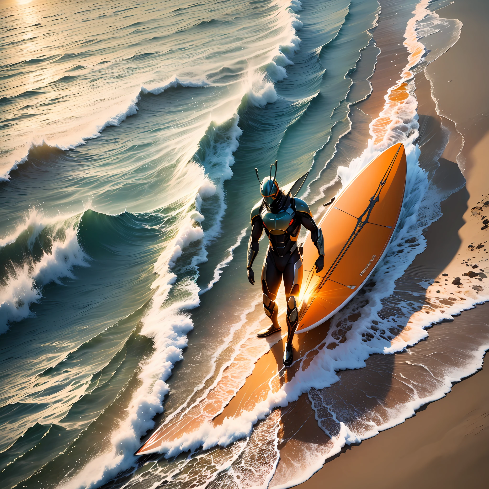 award-winning and futuristic photograph of a Grasshopper, a surfboard under his arm walking on the sand of a paradisiacal beach with a beautiful sunrise and the reflection of the sun's rays in the clouds with orange tones and tubular waves in the sea